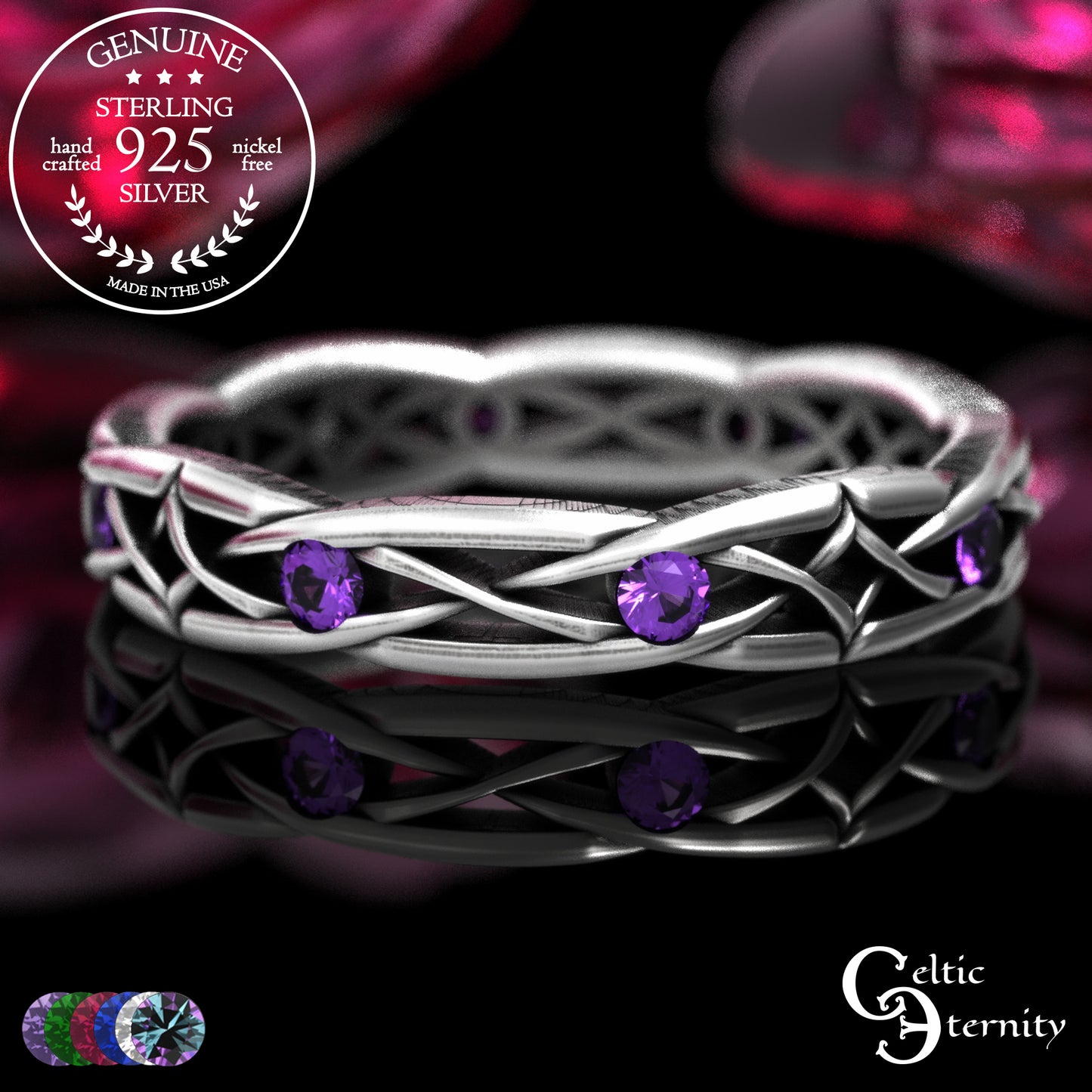 Sterling Woman's Narrow Irish Wedding Band with Emeralds, 2087