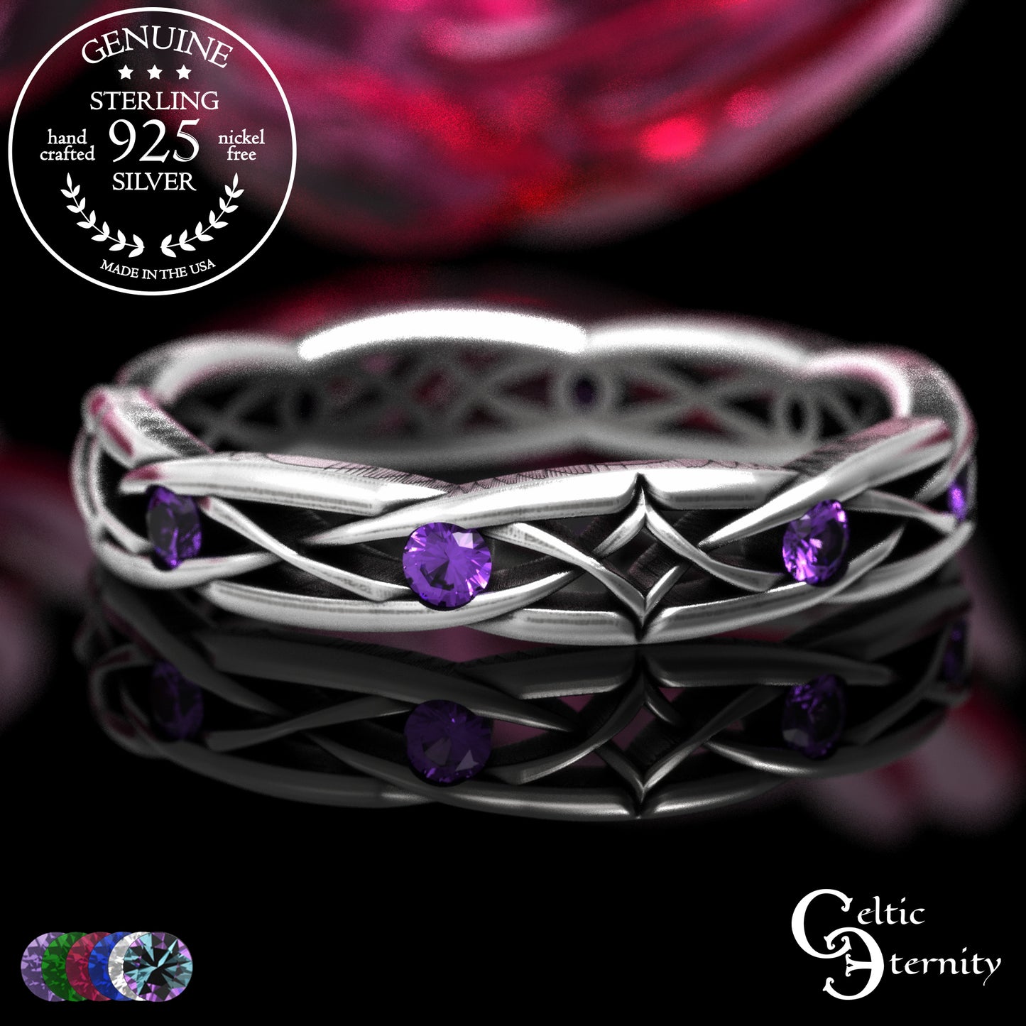Sterling Woman's Narrow Irish Wedding Band with Emeralds, 2087