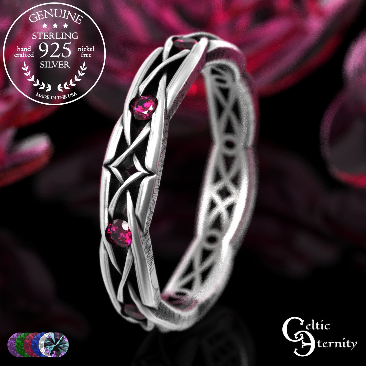Sterling Woman's Narrow Irish Wedding Band with Emeralds, 2087