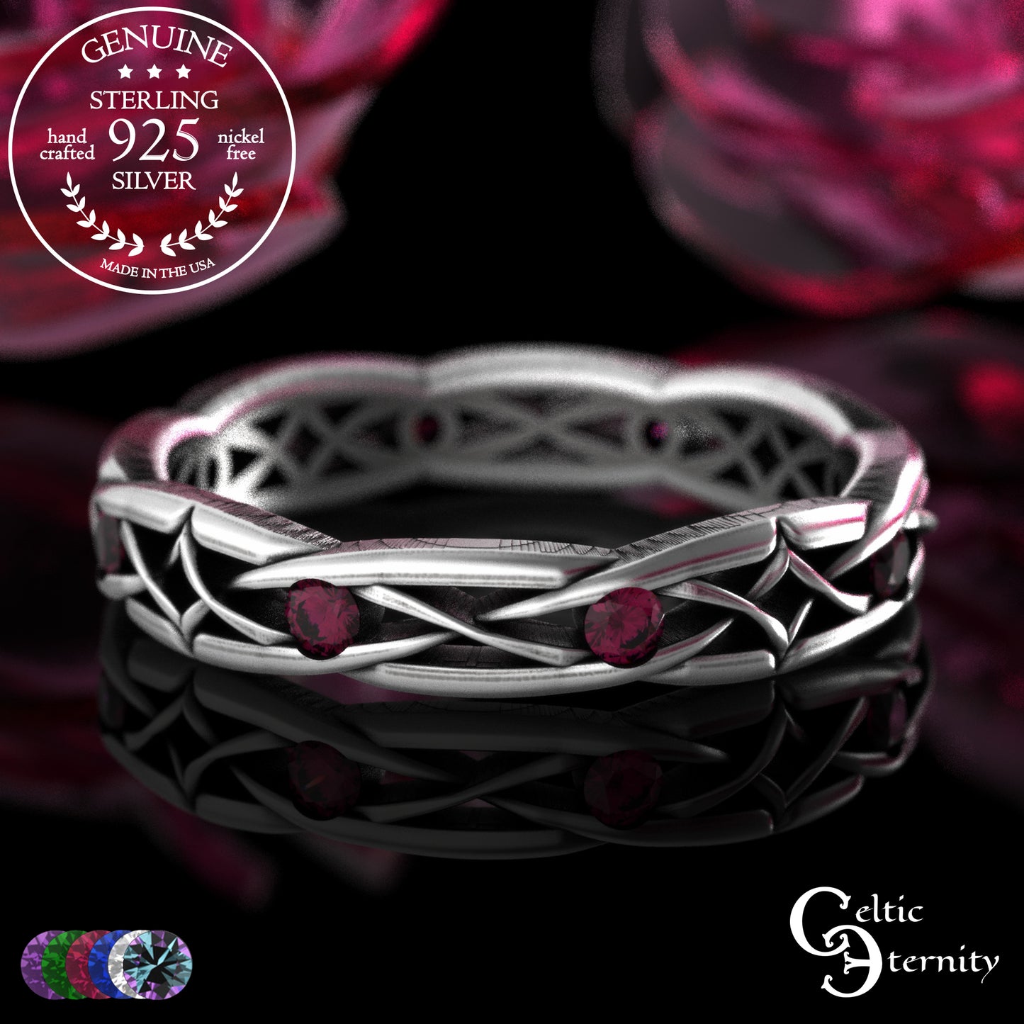 Sterling Woman's Narrow Irish Wedding Band with Emeralds, 2087
