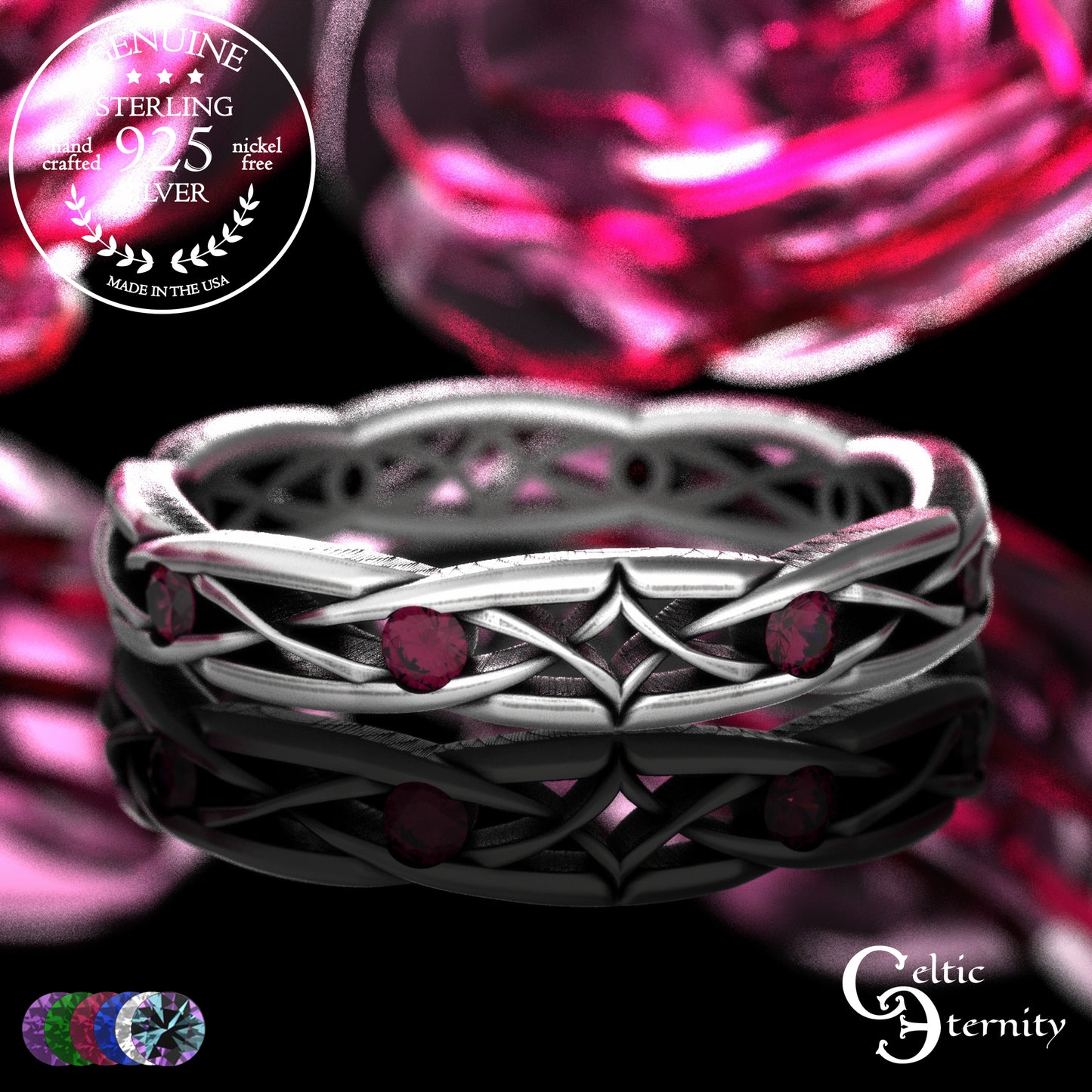 Sterling Woman's Narrow Irish Wedding Band with Emeralds, 2087