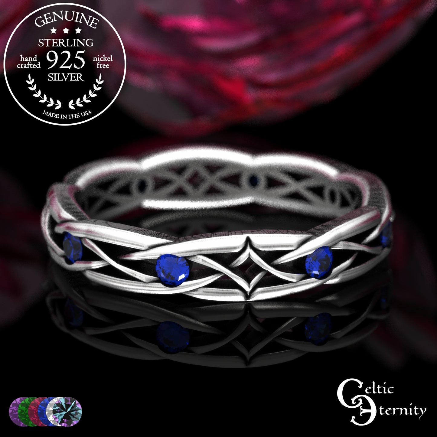 Sterling Woman's Narrow Irish Wedding Band with Emeralds, 2087