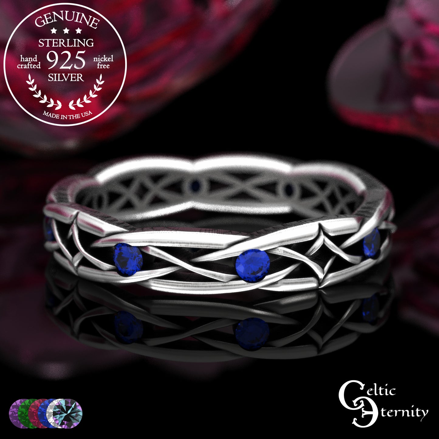 Sterling Woman's Narrow Irish Wedding Band with Emeralds, 2087