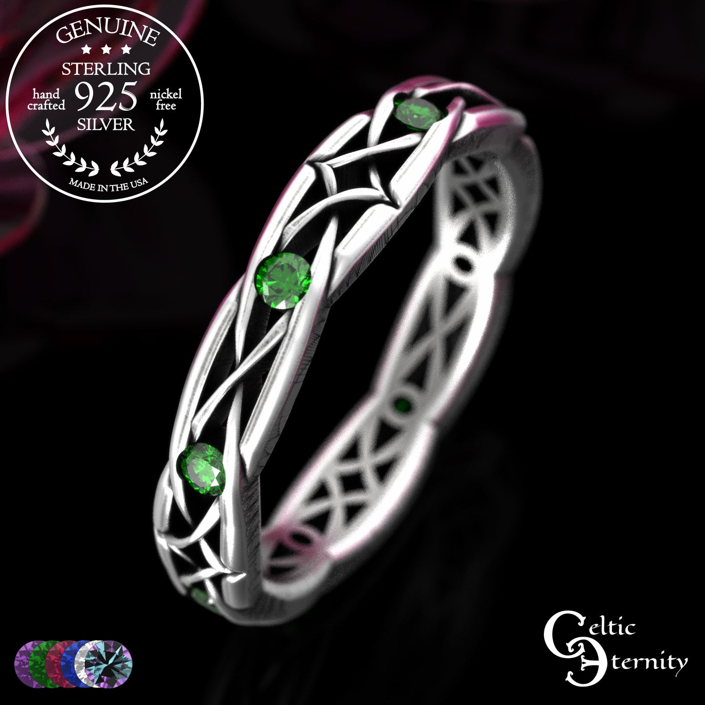 Sterling Woman's Narrow Irish Wedding Band with Emeralds, 2087
