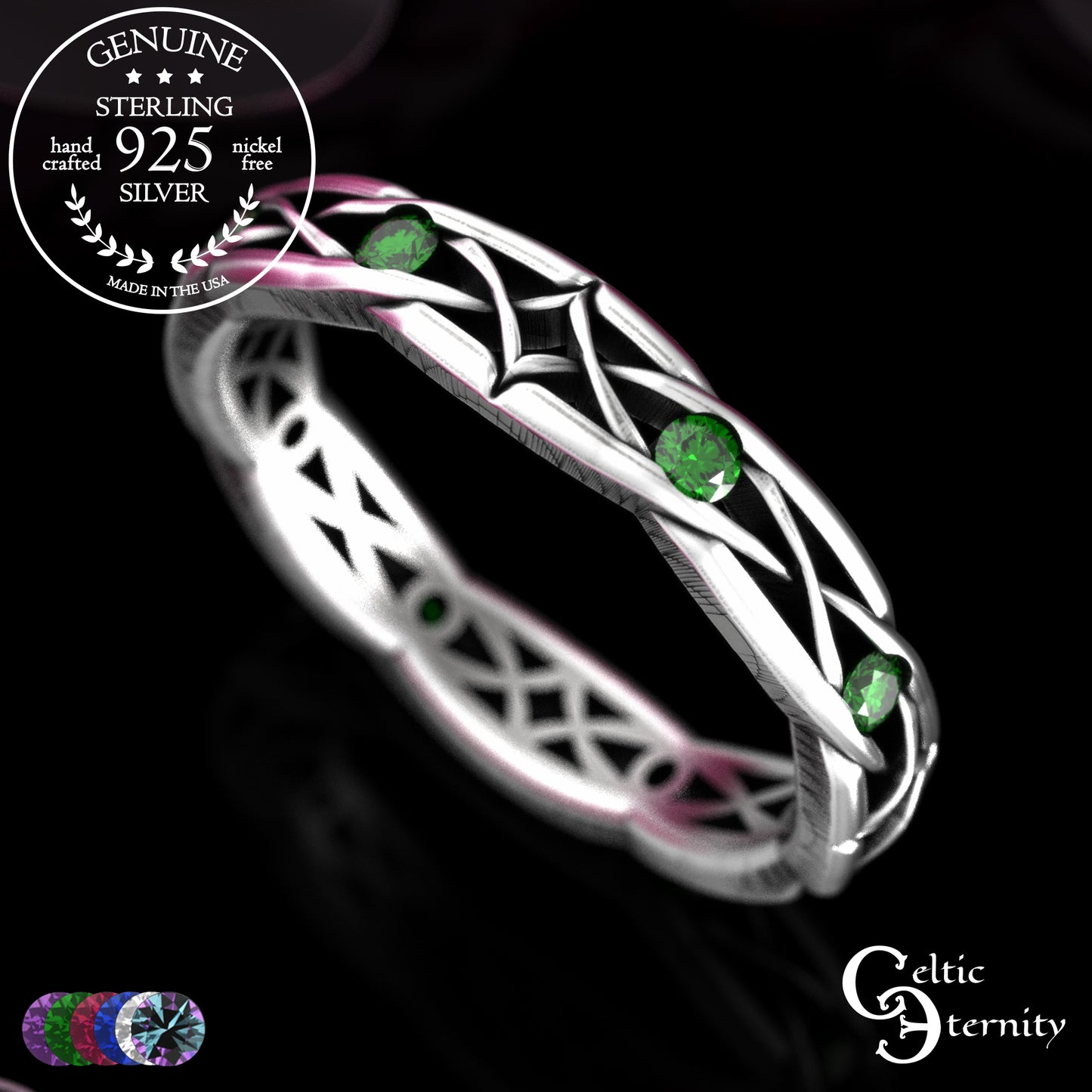 Sterling Woman's Narrow Irish Wedding Band with Emeralds, 2087