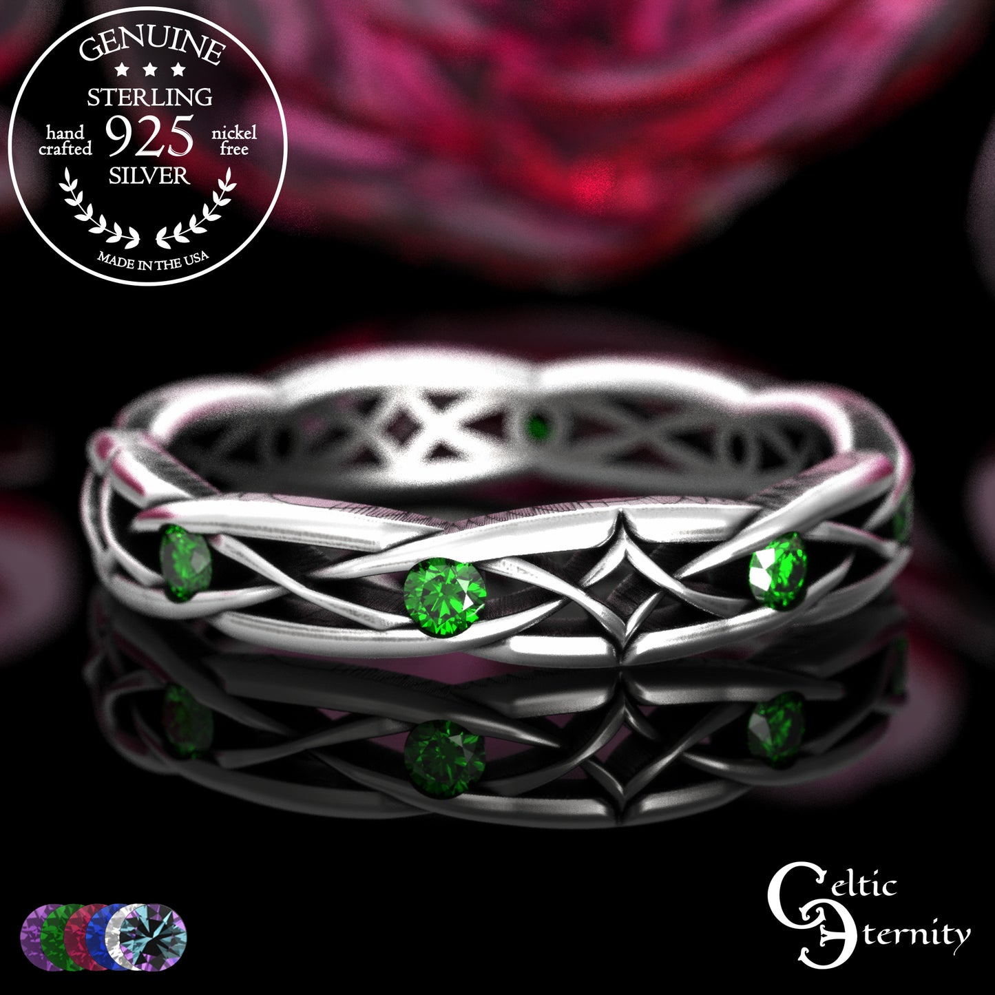 Sterling Woman's Narrow Irish Wedding Band with Emeralds, 2087