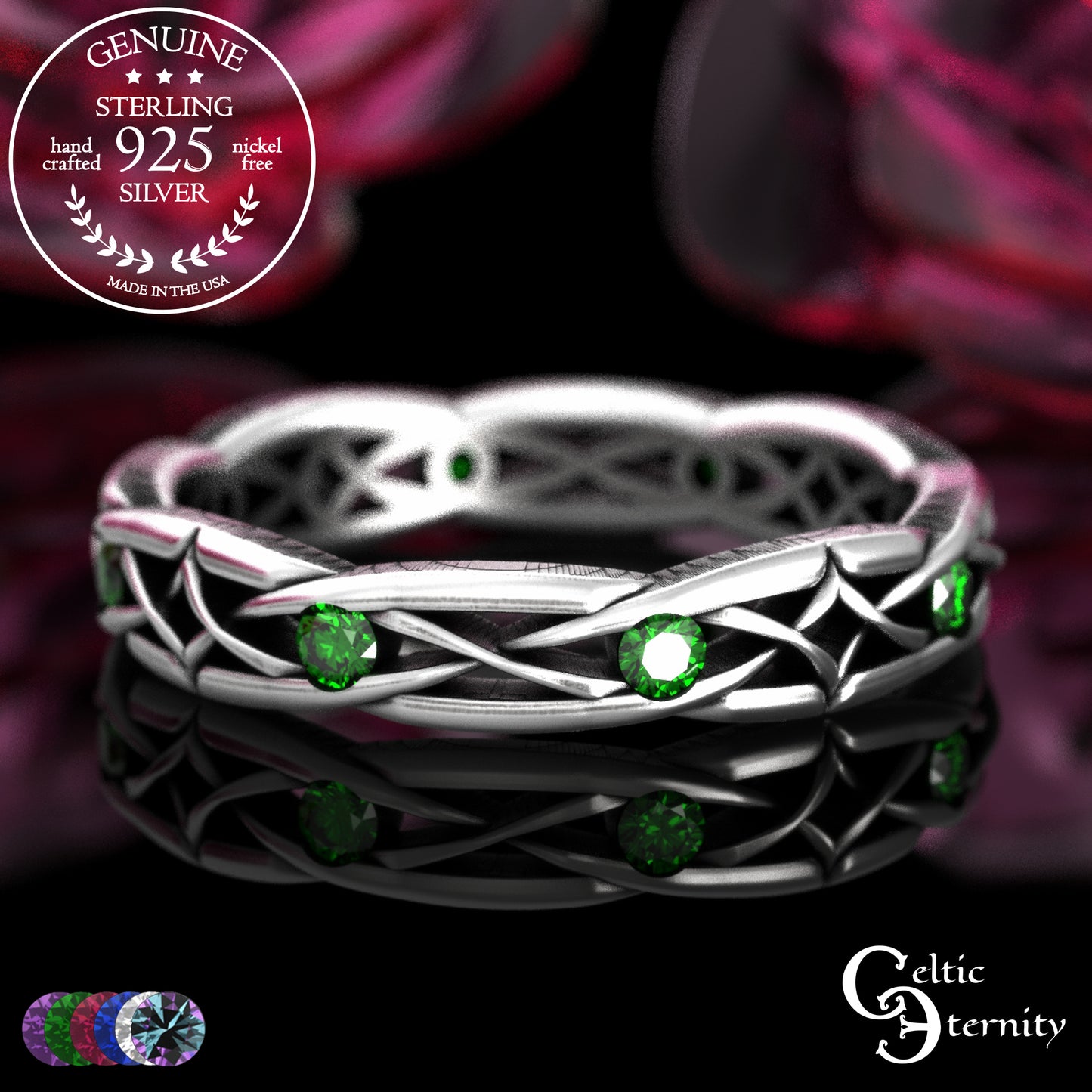 Sterling Woman's Narrow Irish Wedding Band with Emeralds, 2087