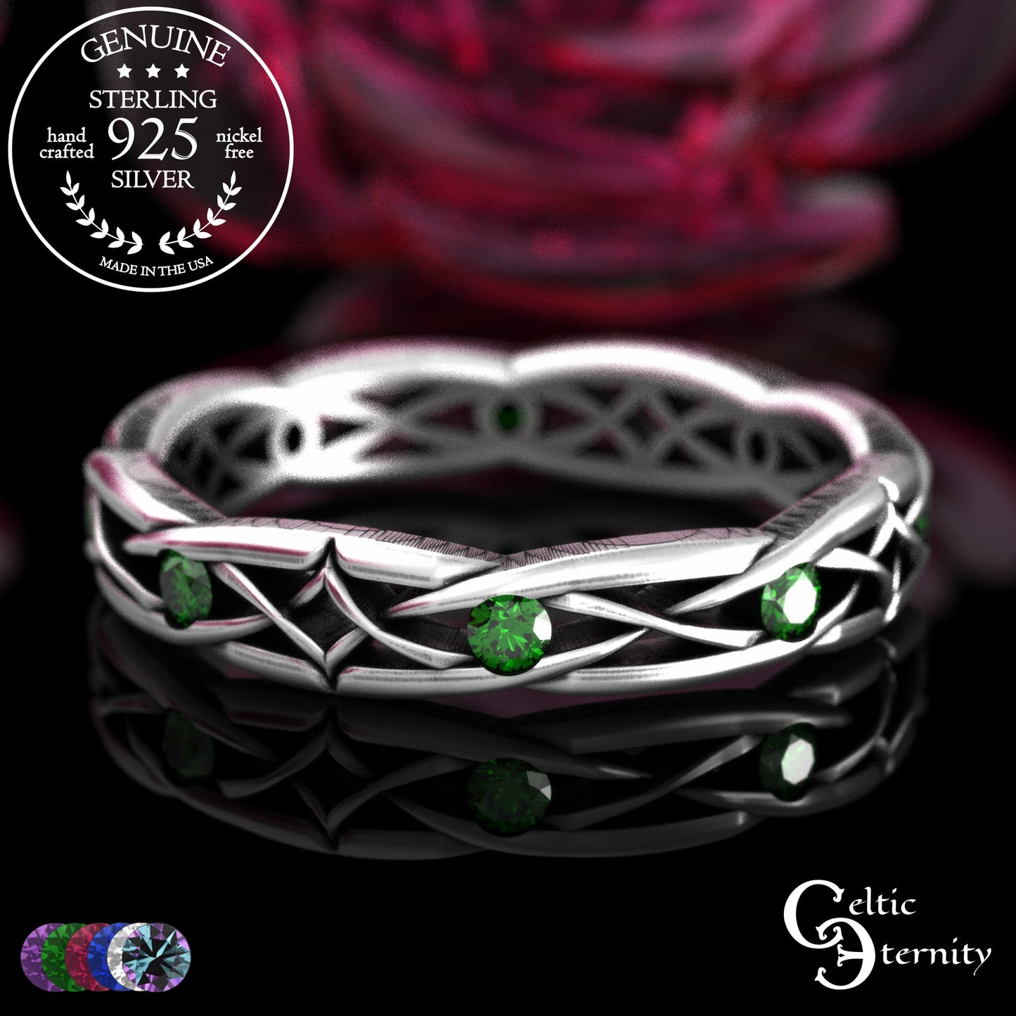 Sterling Woman's Narrow Irish Wedding Band with Emeralds, 2087
