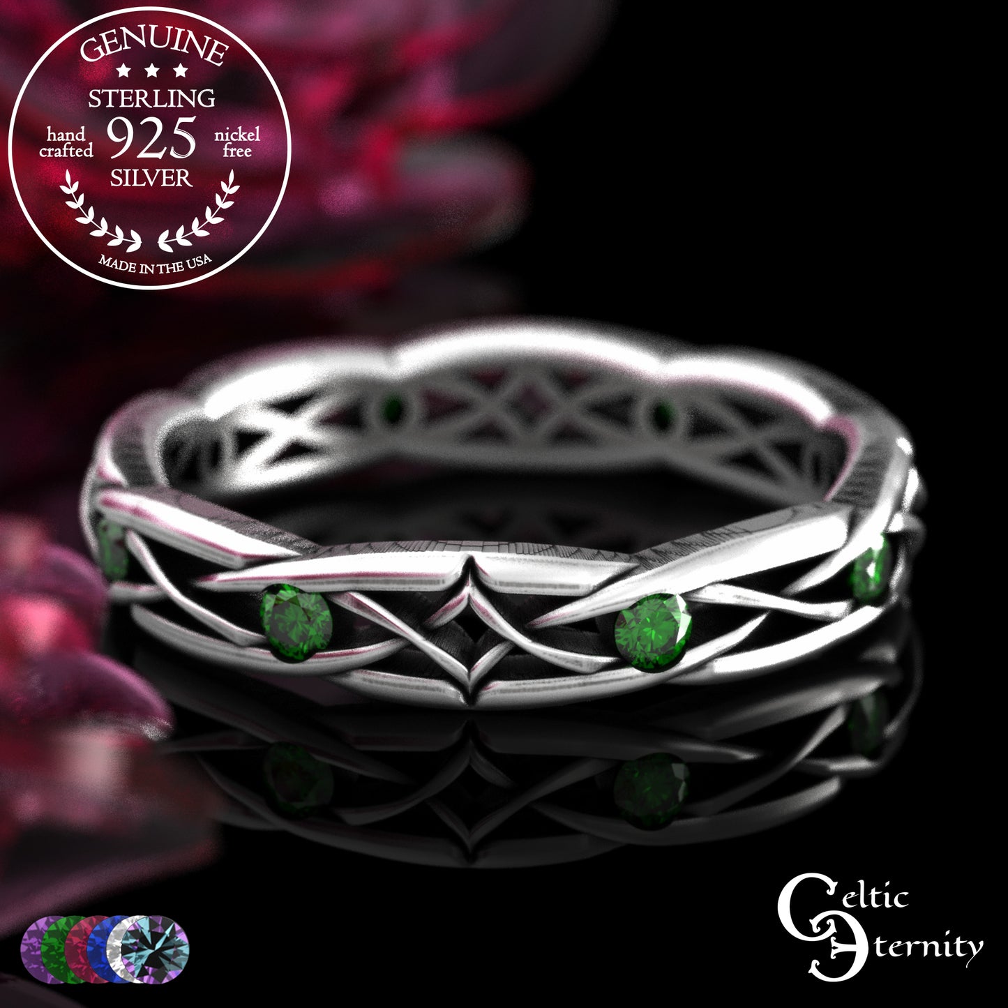 Sterling Celtic Diamond-Knot Matching Wedding Band Set - Emerald, 2087 2088