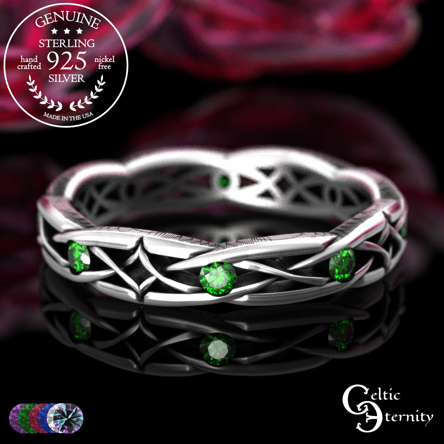 Sterling Celtic Diamond-Knot Matching Wedding Band Set - Emerald, 2087 2088