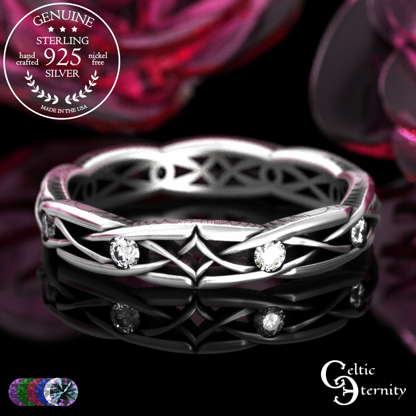 Sterling Woman's Narrow Irish Wedding Band with Emeralds, 2087
