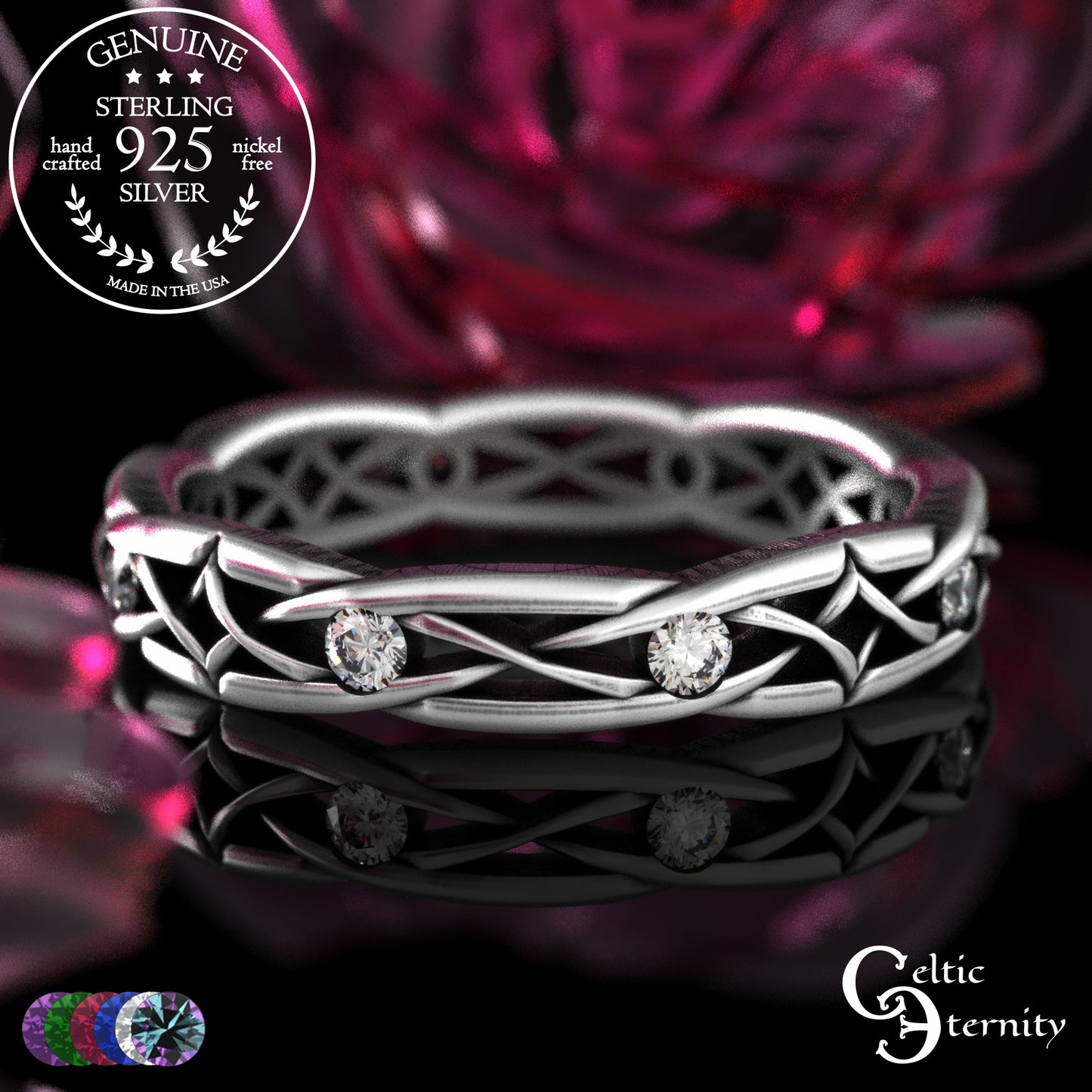 Sterling Woman's Narrow Irish Wedding Band with Emeralds, 2087