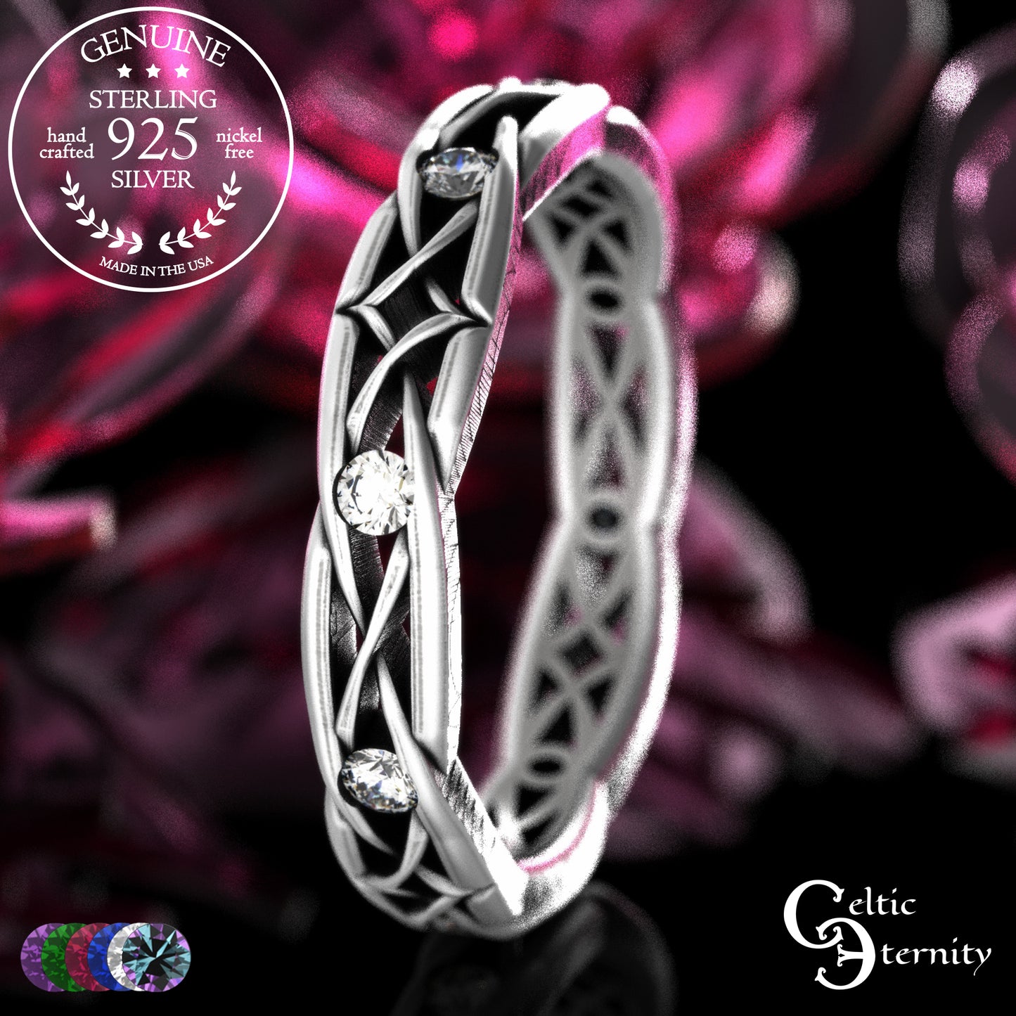 Sterling Woman's Narrow Irish Wedding Band with Emeralds, 2087