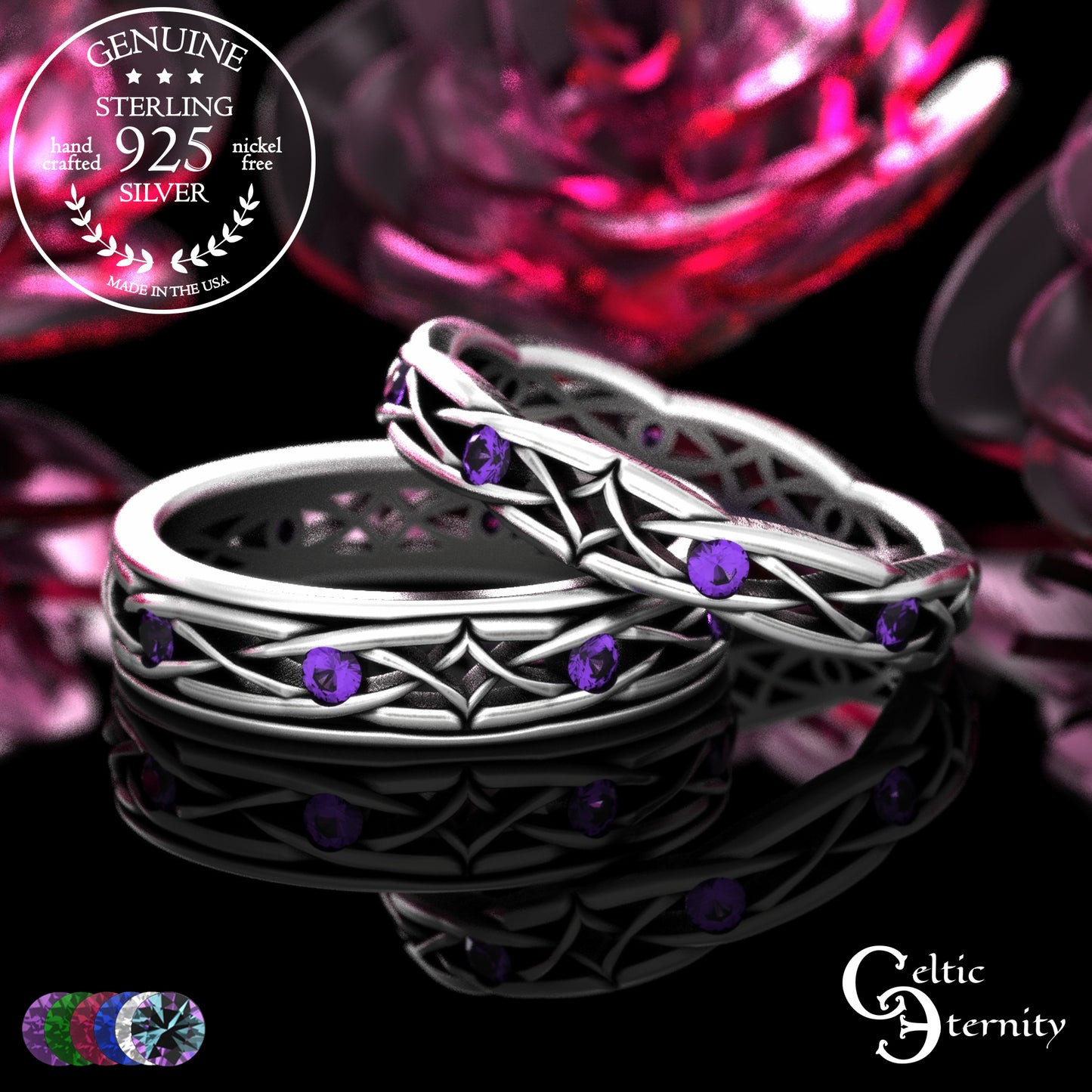 Sterling Celtic Diamond-Knot Matching Wedding Band Set - Emerald, 2087 2088
