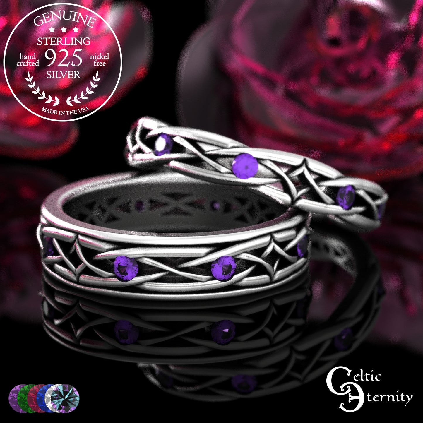 Sterling Celtic Diamond-Knot Matching Wedding Band Set - Emerald, 2087 2088