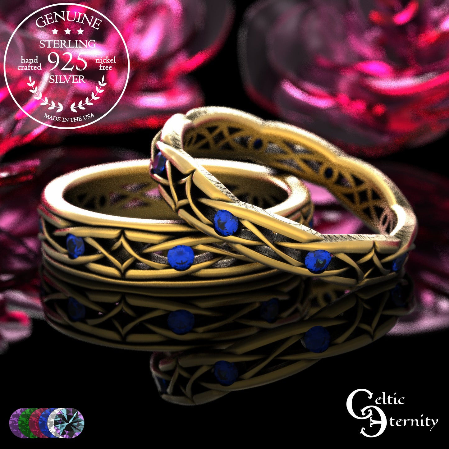 Sterling Woman's Narrow Irish Wedding Band with Emeralds, 2087