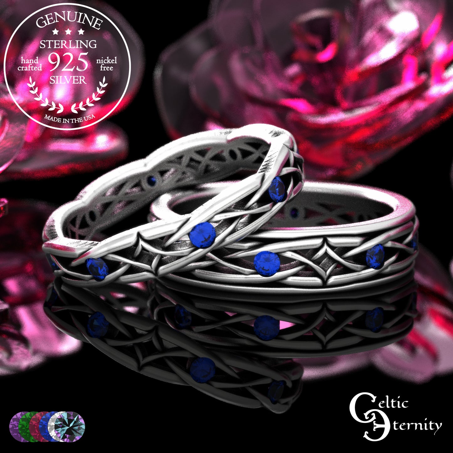 Sterling Celtic Diamond-Knot Matching Wedding Band Set - Emerald, 2087 2088
