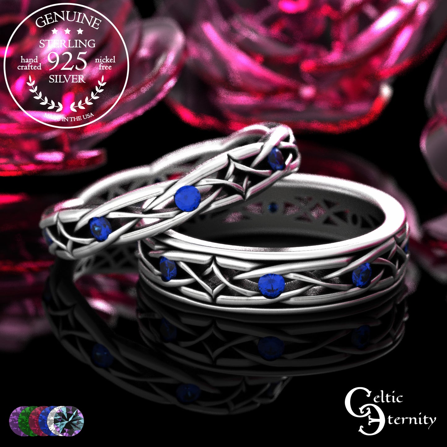 Sterling Celtic Diamond-Knot Matching Wedding Band Set - Emerald, 2087 2088