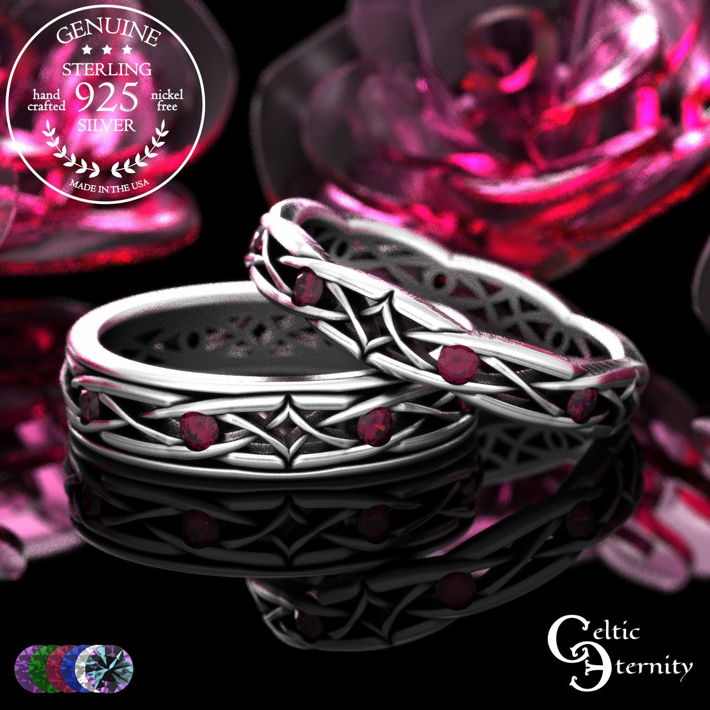 Sterling Celtic Diamond-Knot Matching Wedding Band Set - Emerald, 2087 2088