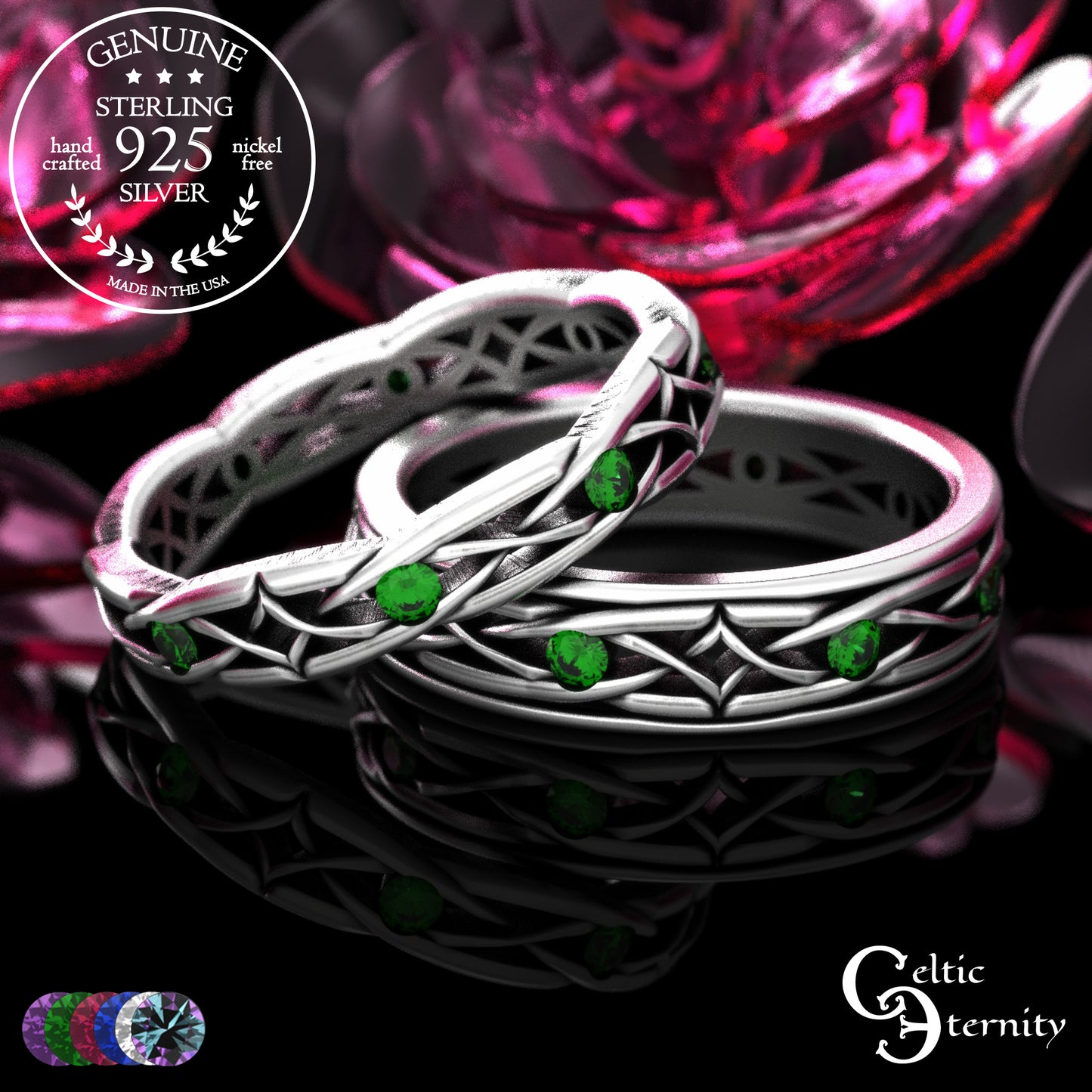 Sterling Celtic Diamond-Knot Matching Wedding Band Set - Emerald, 2087 2088
