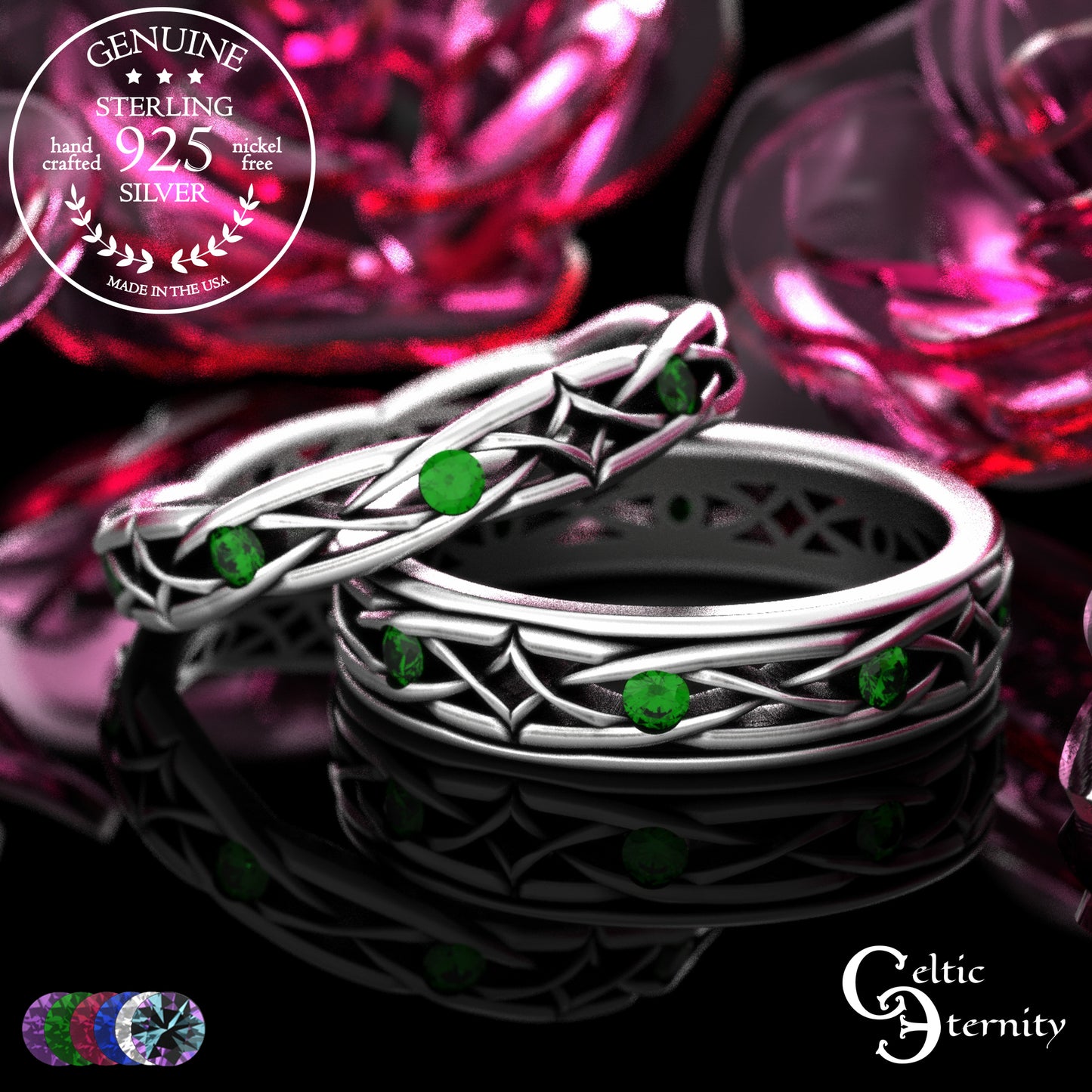 Sterling Celtic Diamond-Knot Matching Wedding Band Set - Emerald, 2087 2088