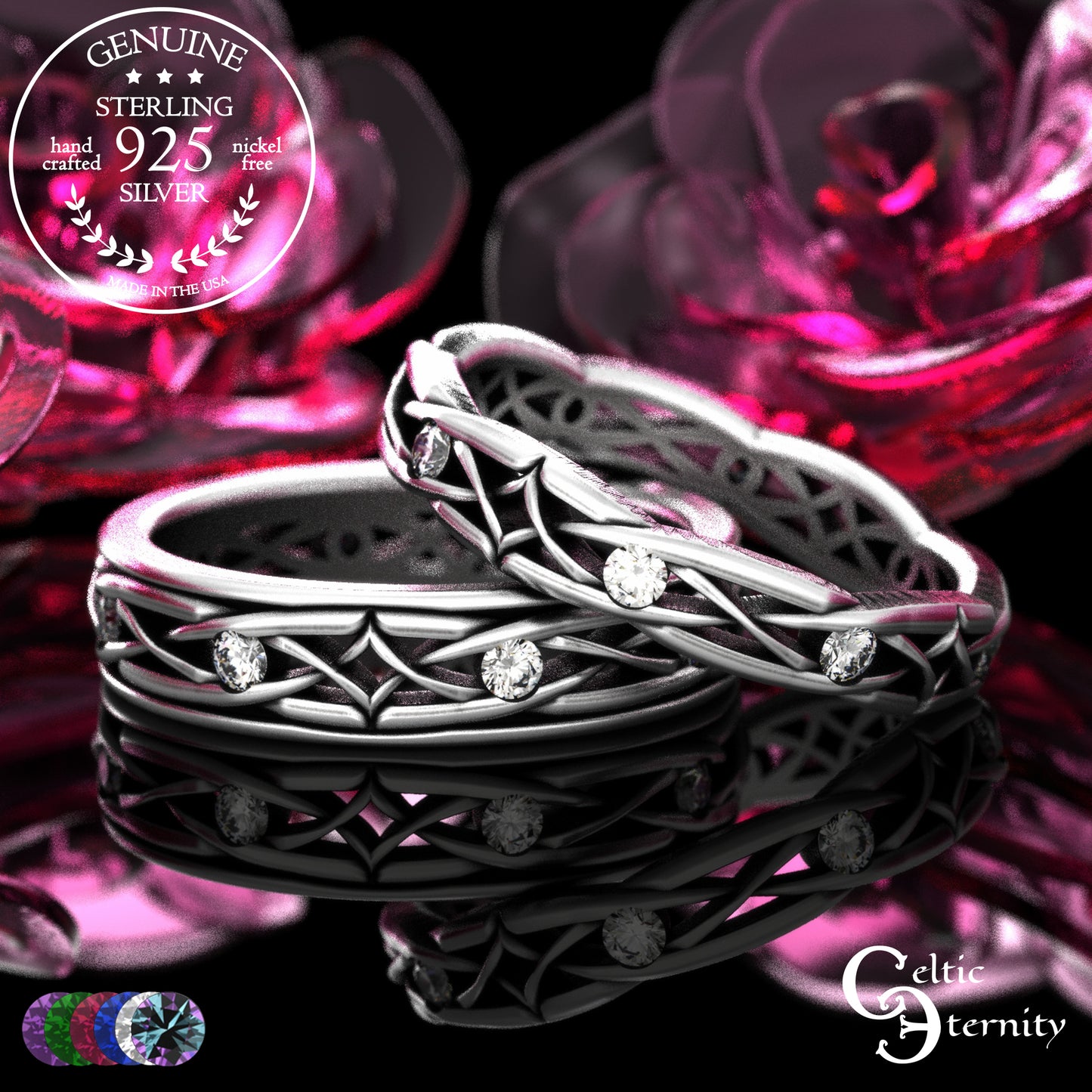 Sterling Celtic Diamond-Knot Matching Wedding Band Set - Emerald, 2087 2088