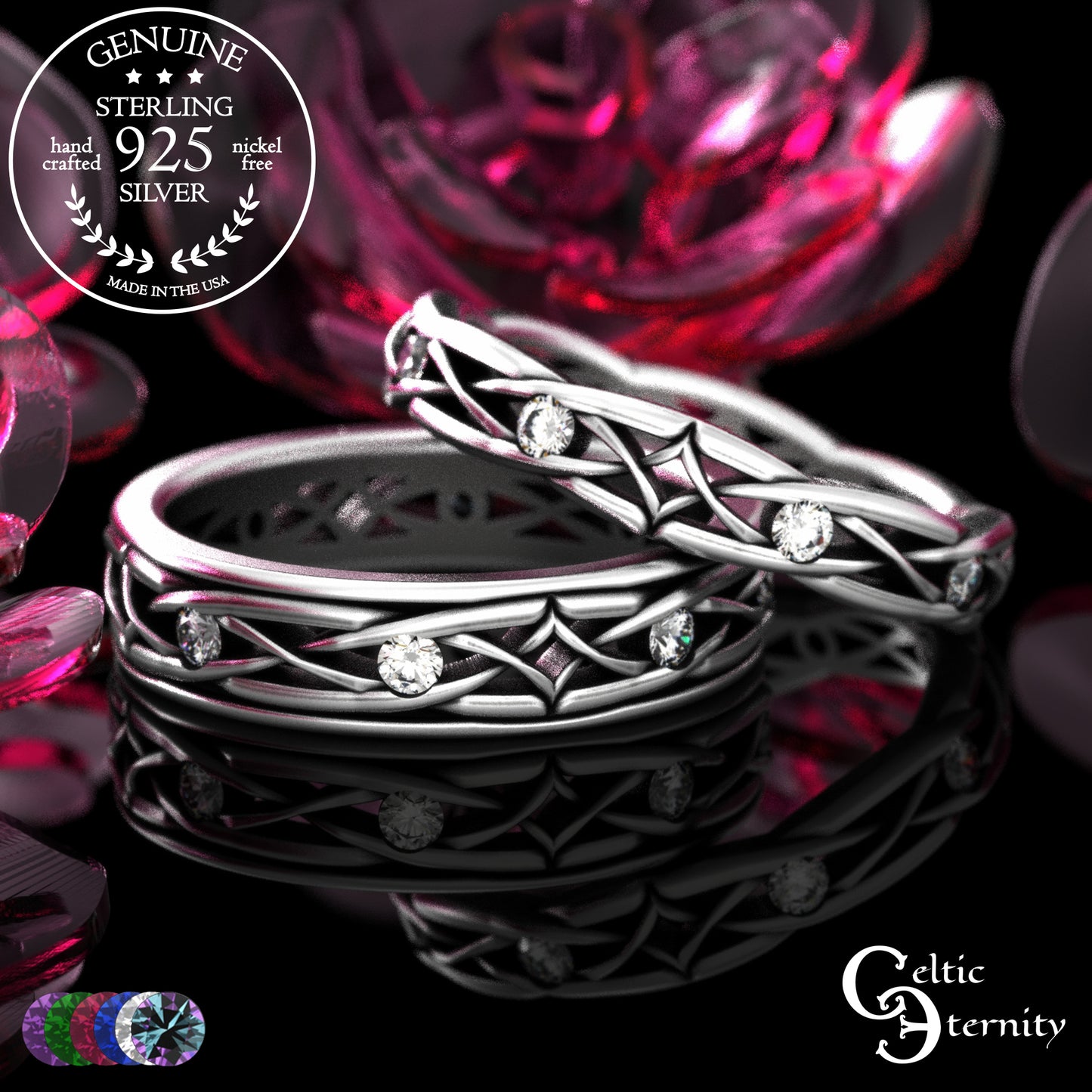 Sterling Celtic Diamond-Knot Matching Wedding Band Set - Emerald, 2087 2088