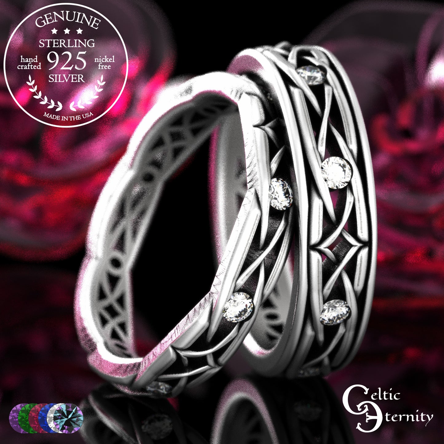 Sterling Celtic Diamond-Knot Matching Wedding Band Set - Emerald, 2087 2088
