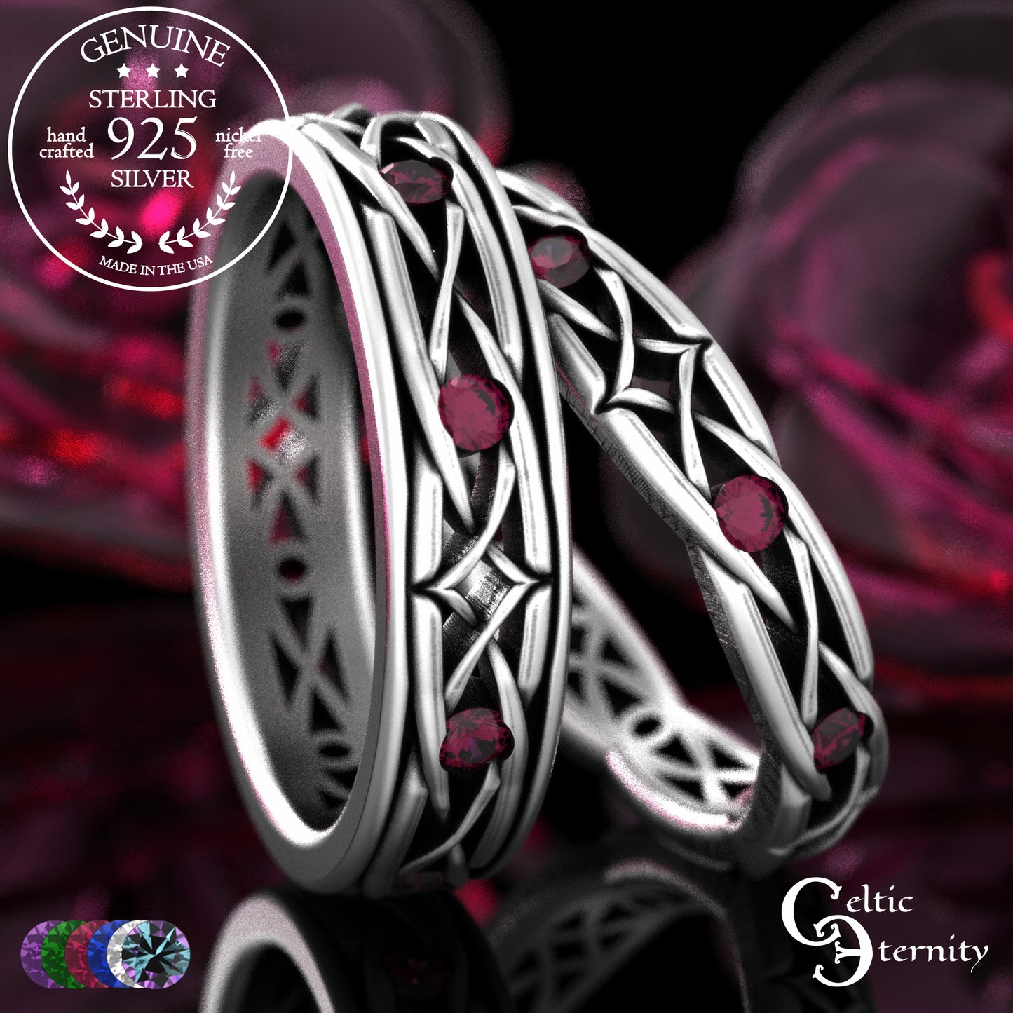 Sterling Celtic Diamond-Knot Matching Wedding Band Set - Emerald, 2087 2088