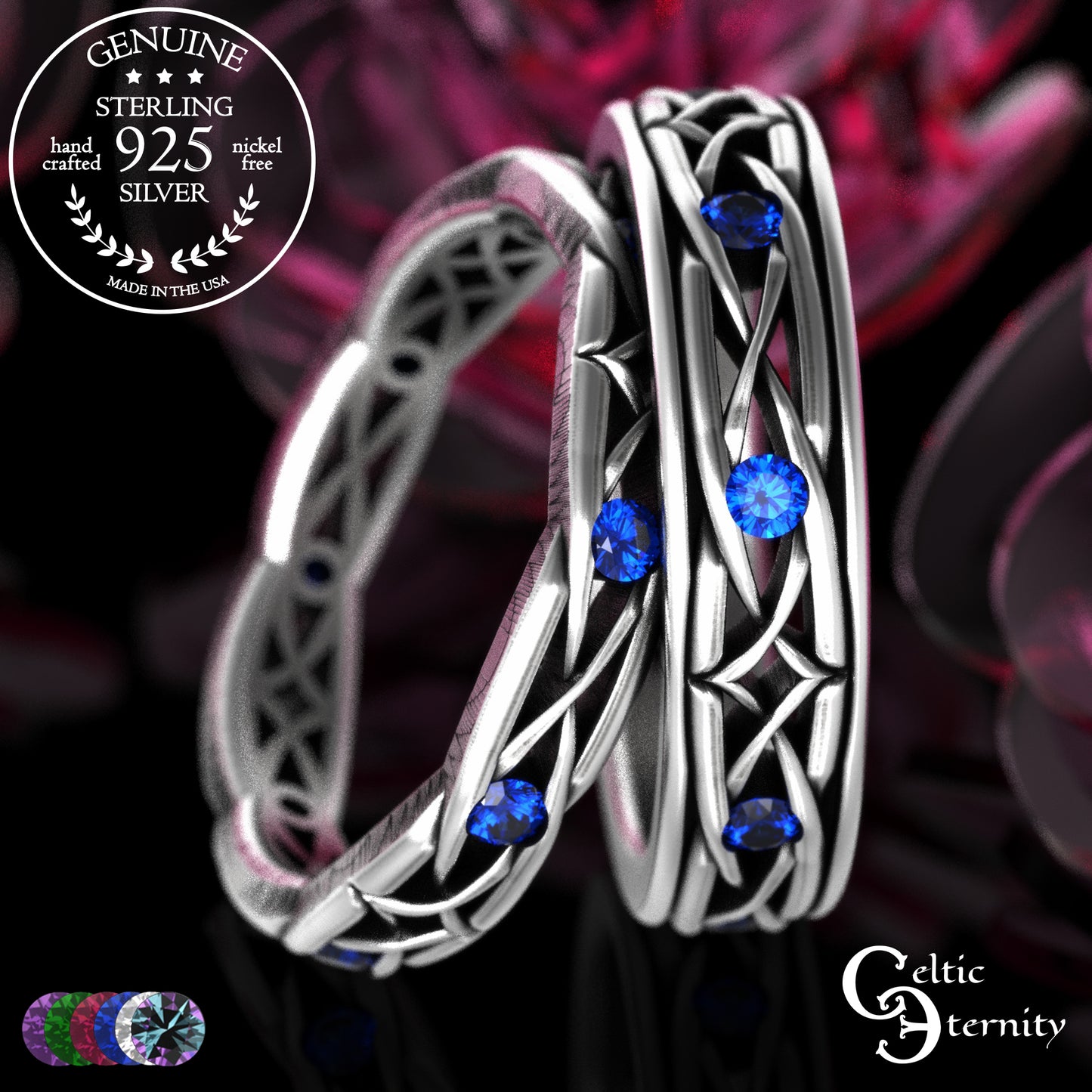 Sterling Celtic Diamond-Knot Matching Wedding Band Set - Emerald, 2087 2088
