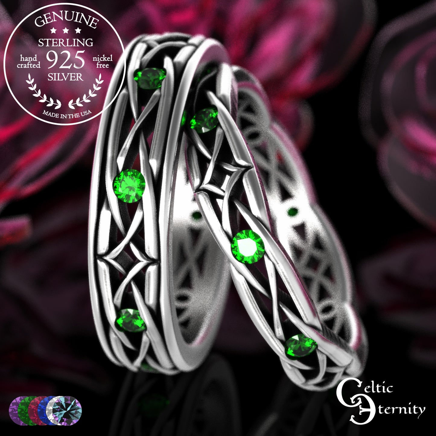 Sterling Celtic Diamond-Knot Matching Wedding Band Set - Emerald, 2087 2088