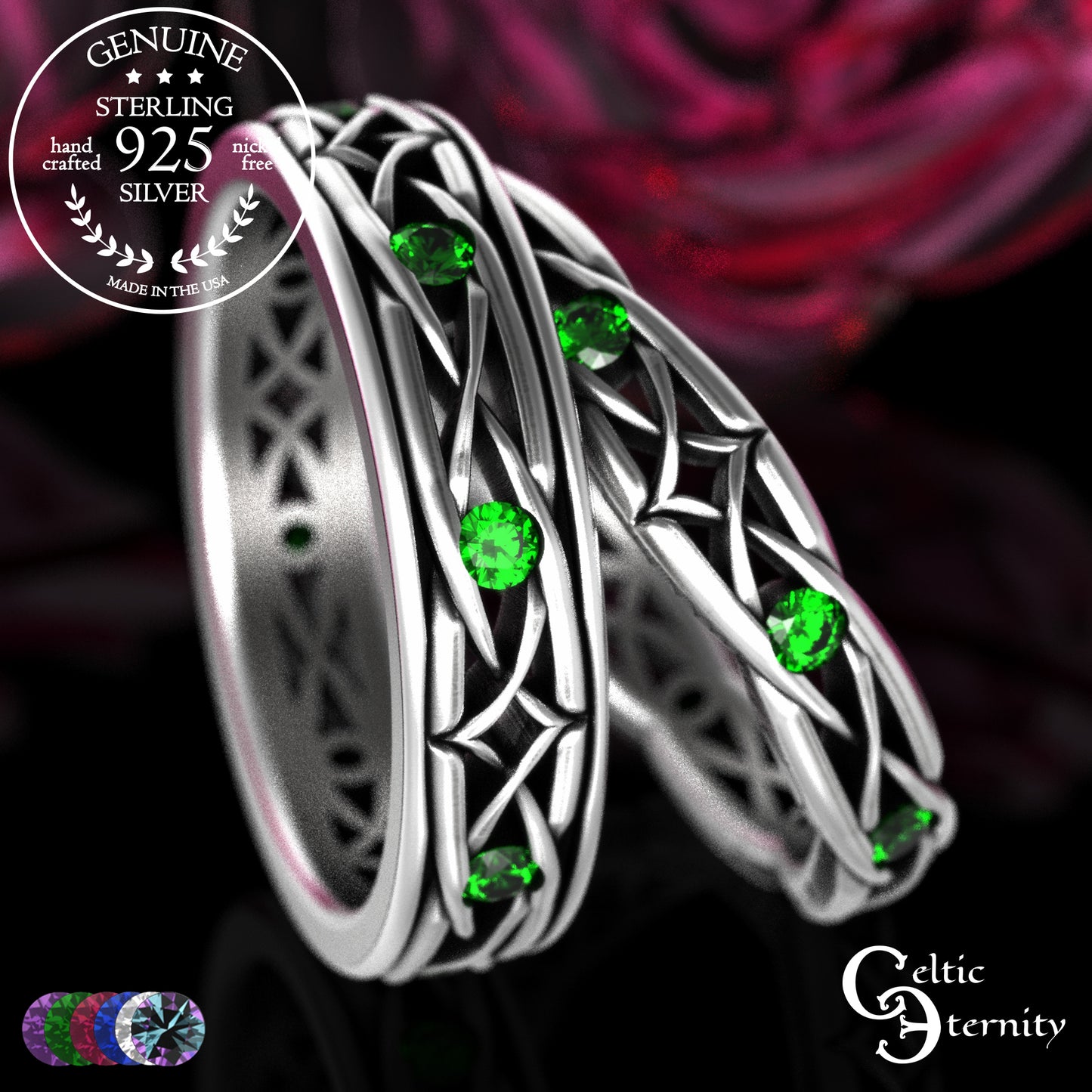 Sterling Celtic Diamond-Knot Matching Wedding Band Set - Emerald, 2087 2088