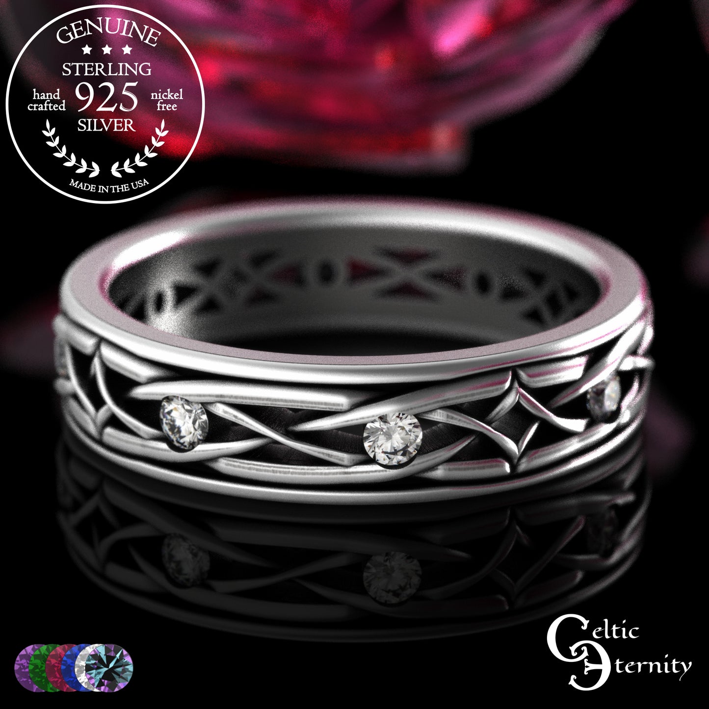 Sterling Men's Lightweight Celtic Wedding Band with Sapphires, 2088