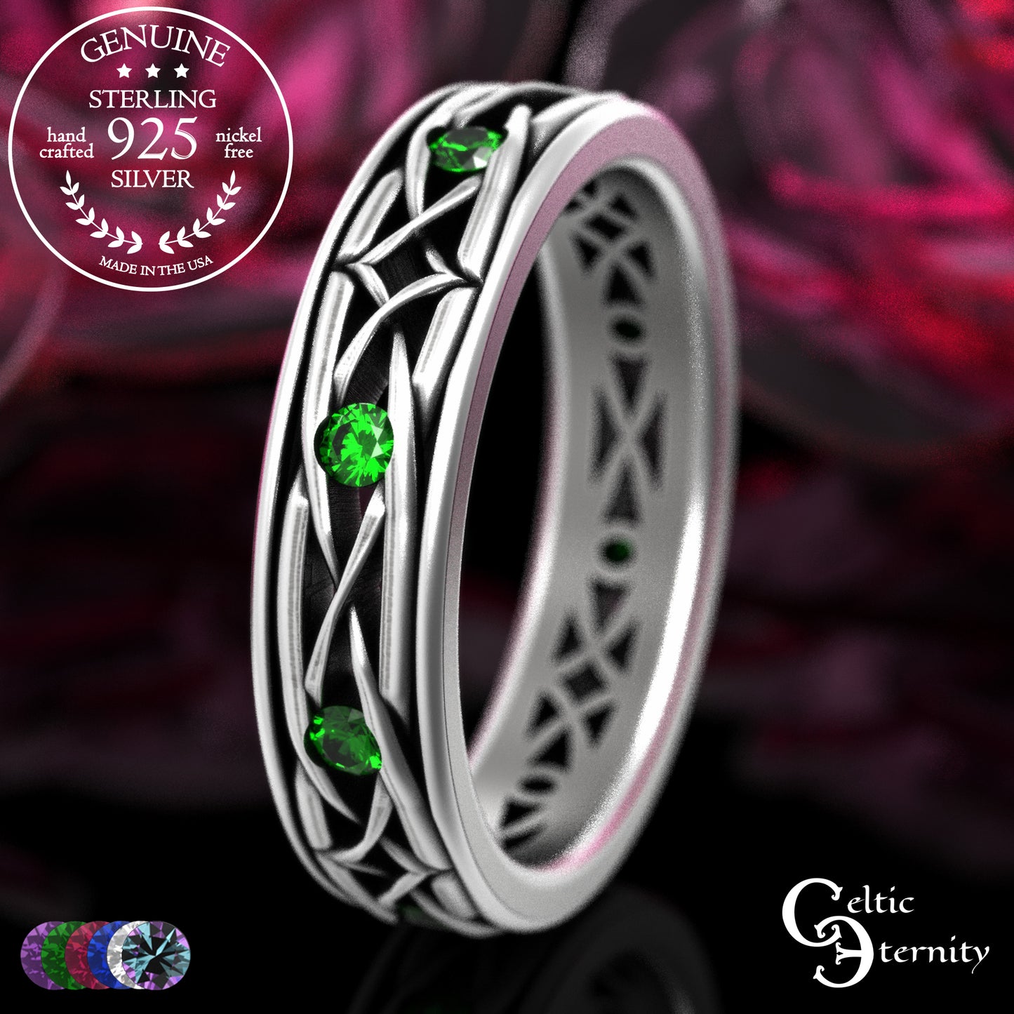 Sterling Celtic Diamond-Knot Matching Wedding Band Set - Emerald, 2087 2088
