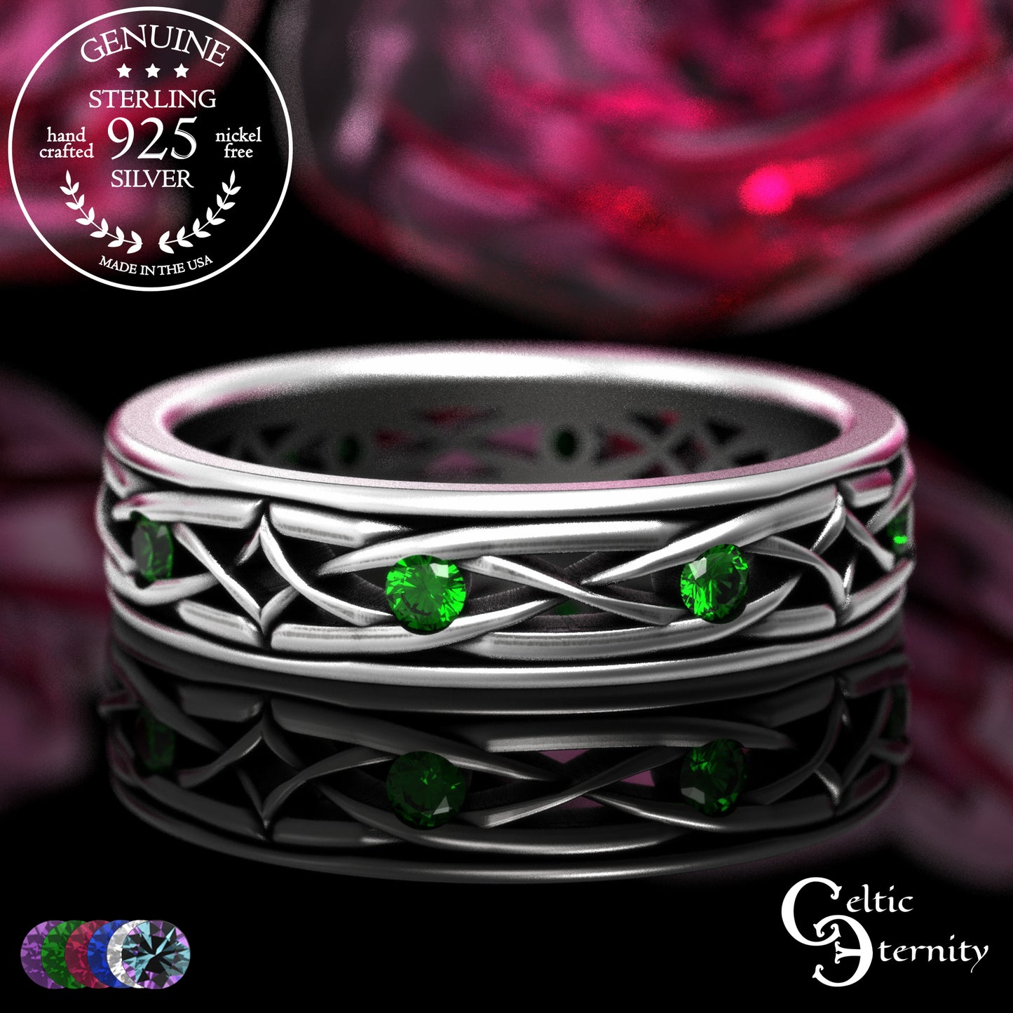 Sterling Celtic Diamond-Knot Matching Wedding Band Set - Emerald, 2087 2088