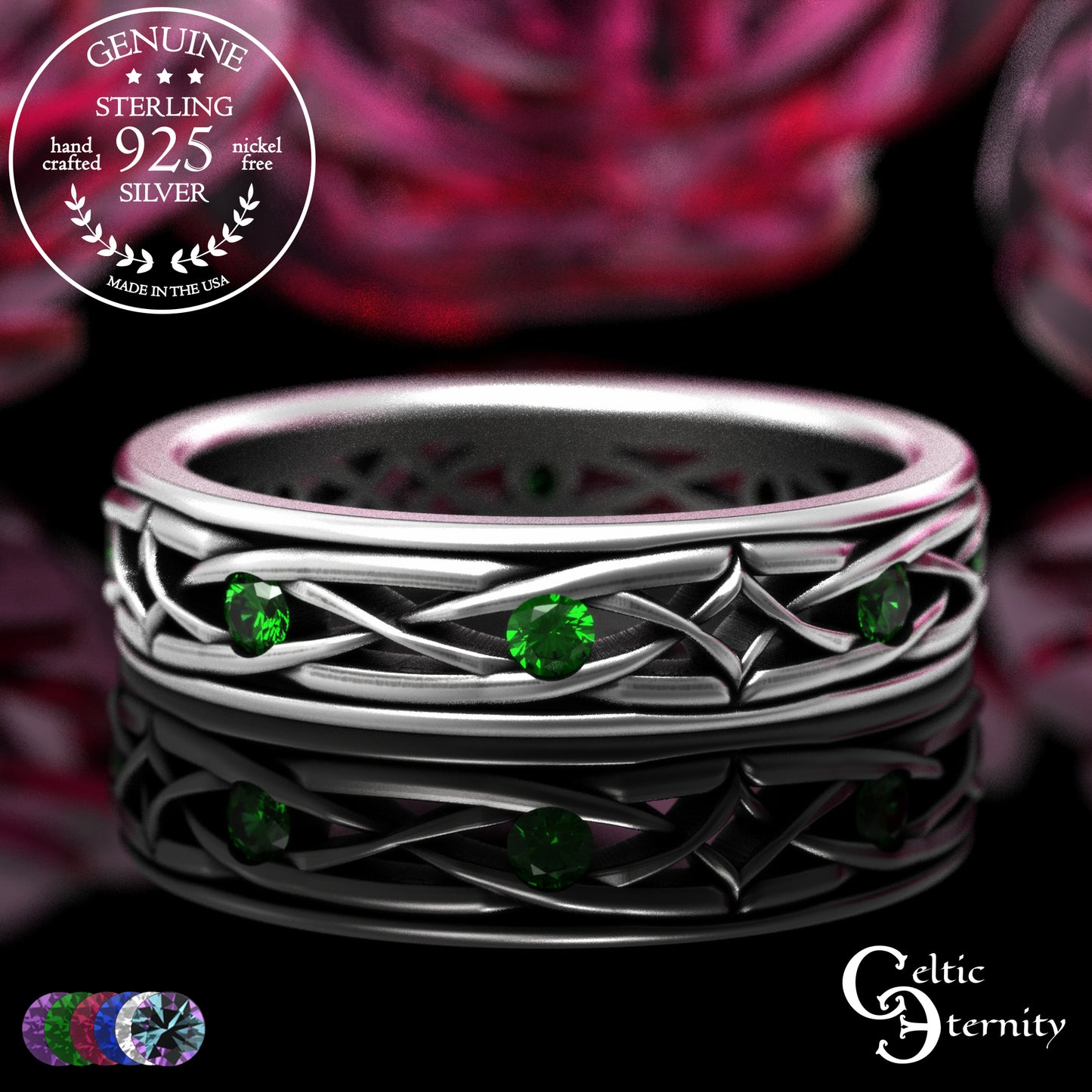 Sterling Celtic Diamond-Knot Matching Wedding Band Set - Emerald, 2087 2088