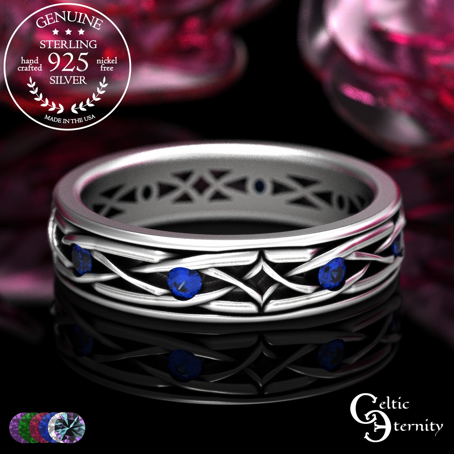 Sterling Men's Lightweight Celtic Wedding Band with Sapphires, 2088