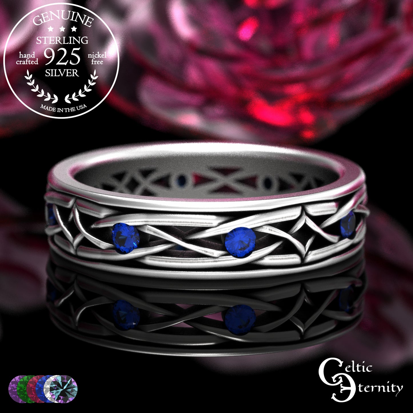 Sterling Men's Lightweight Celtic Wedding Band with Sapphires, 2088