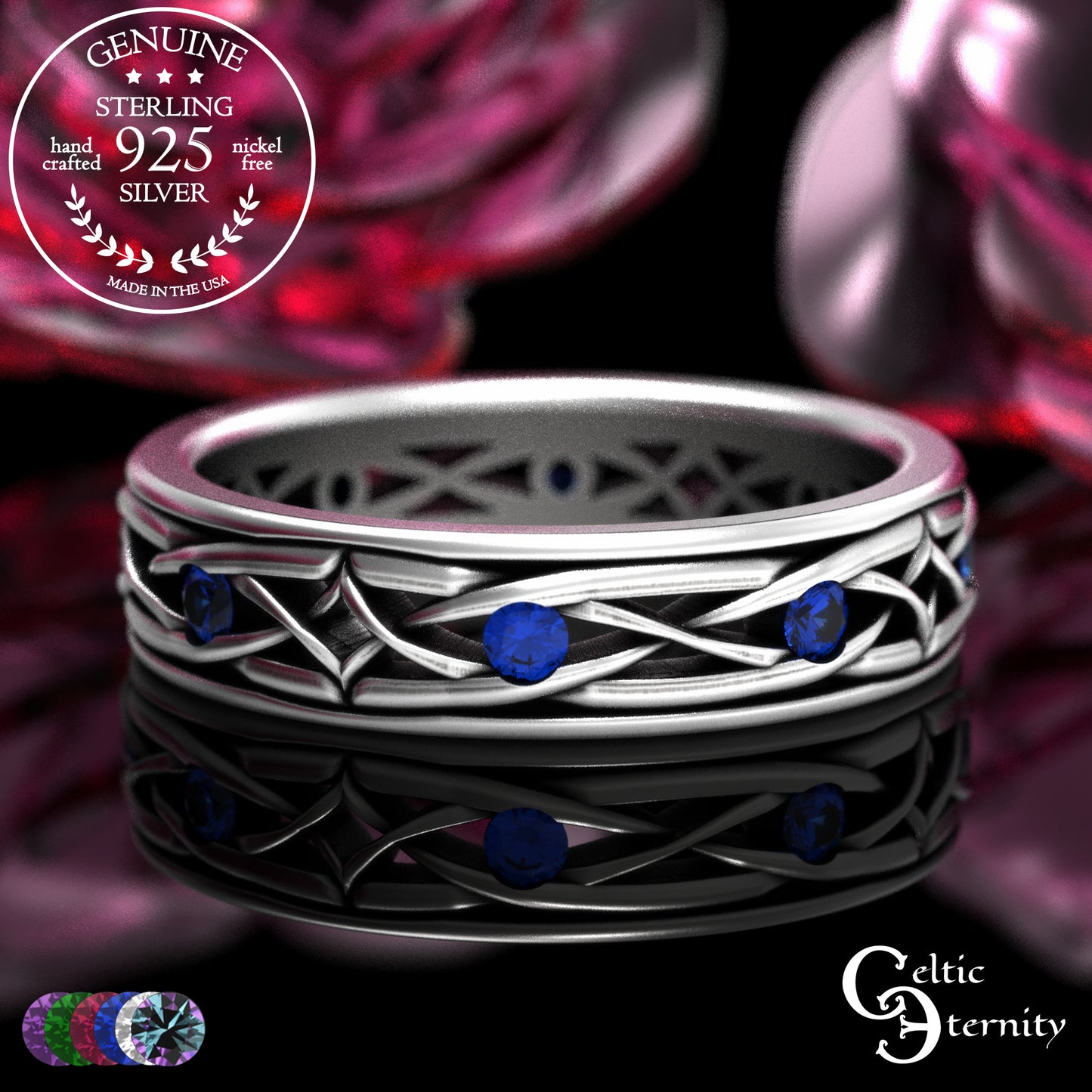 Sterling Men's Lightweight Celtic Wedding Band with Sapphires, 2088