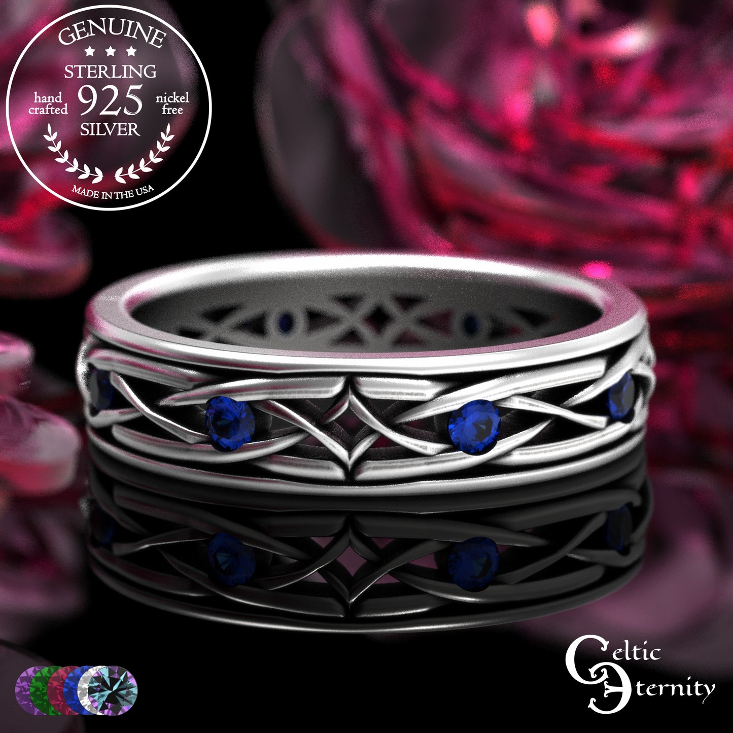 Sterling Men's Lightweight Celtic Wedding Band with Sapphires, 2088