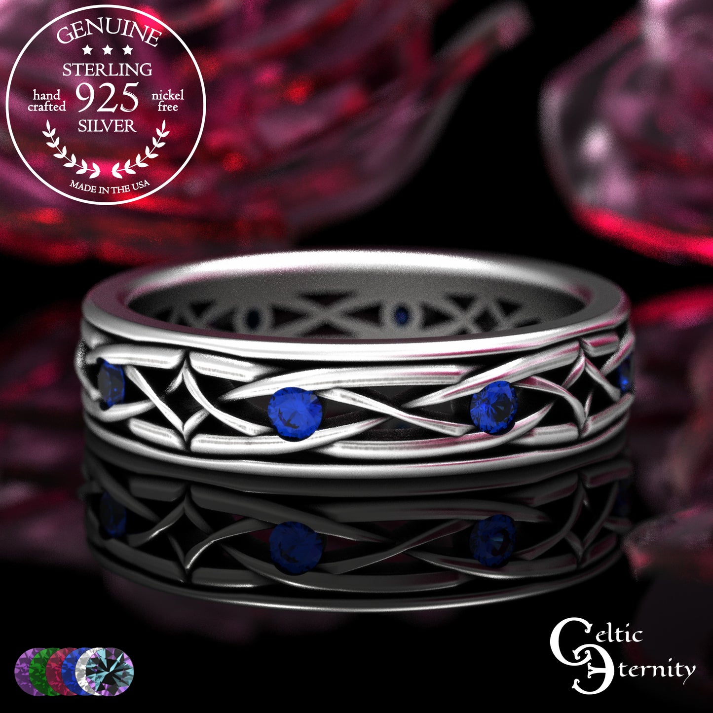 Sterling Men's Lightweight Celtic Wedding Band with Sapphires, 2088