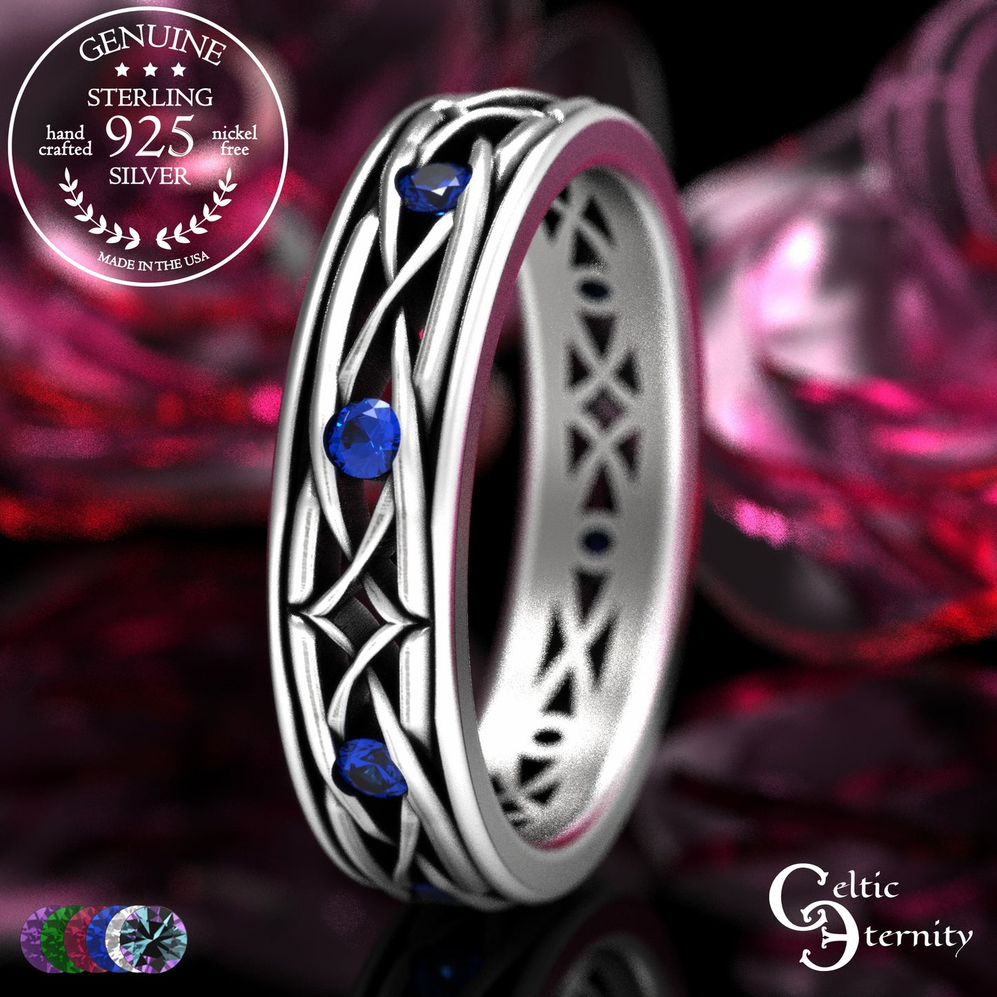 Sterling Men's Lightweight Celtic Wedding Band with Sapphires, 2088