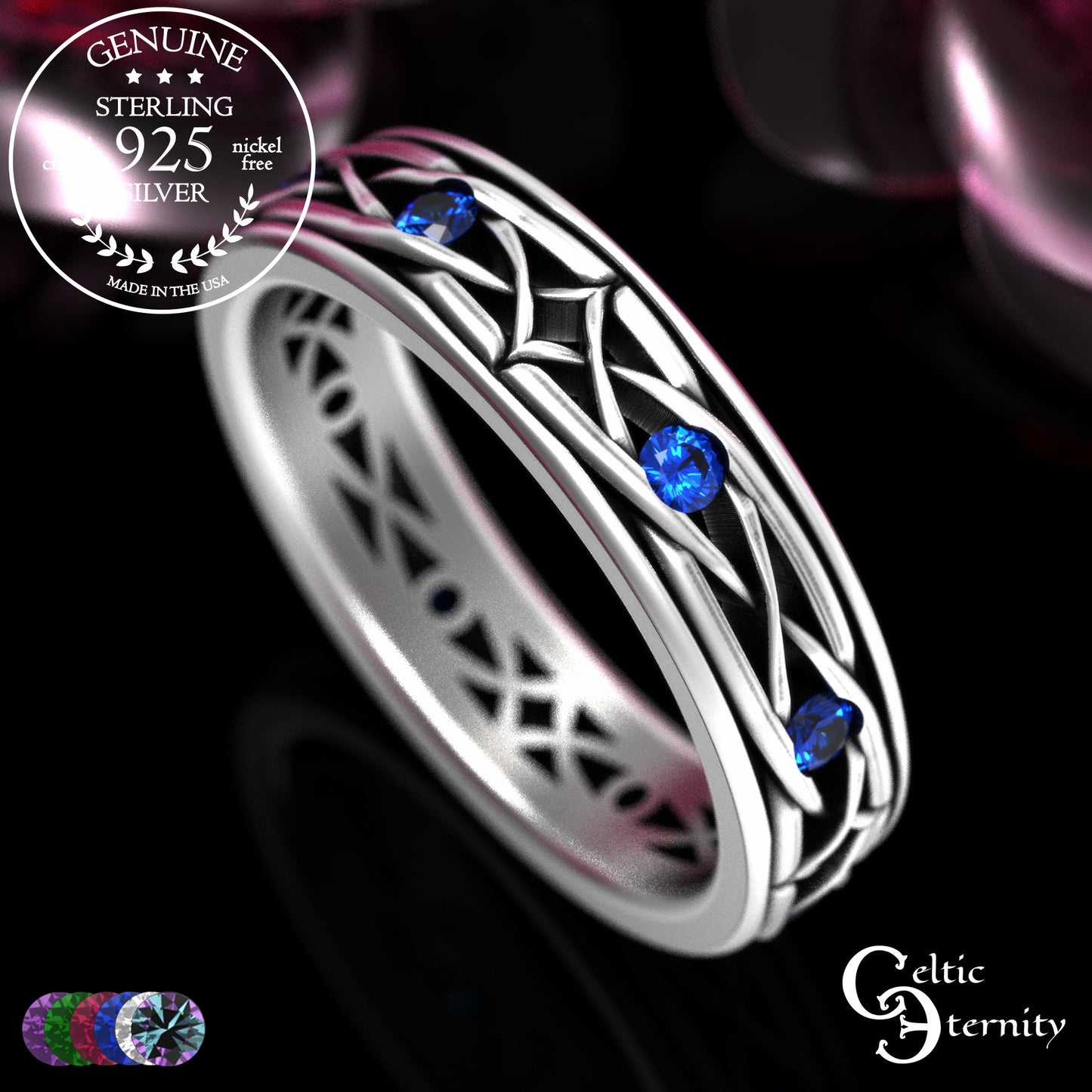 Sterling Men's Lightweight Celtic Wedding Band with Sapphires, 2088