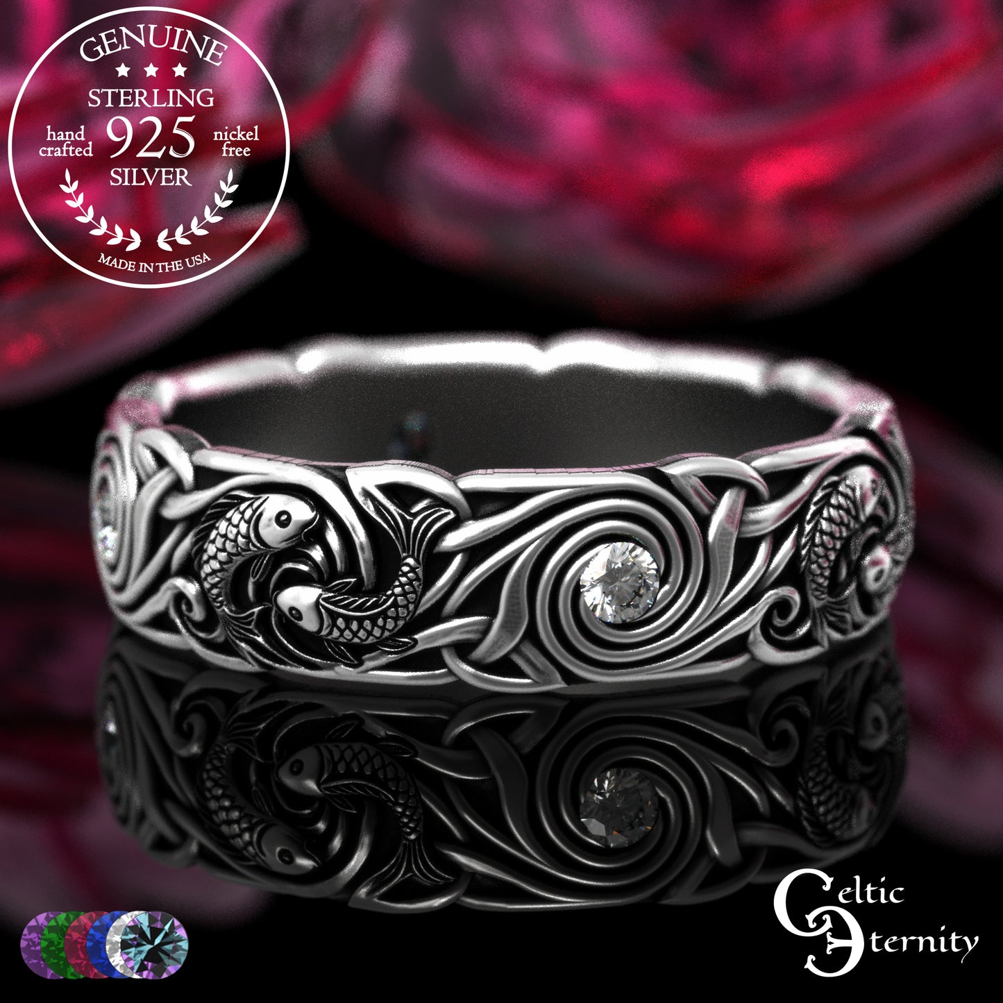 Women's Sterling Japanese Koi Fish Wedding Band with Sapphires, 2098