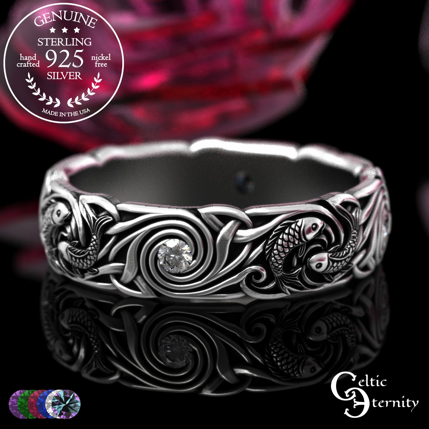 Women's Sterling Japanese Koi Fish Wedding Band with Sapphires, 2098