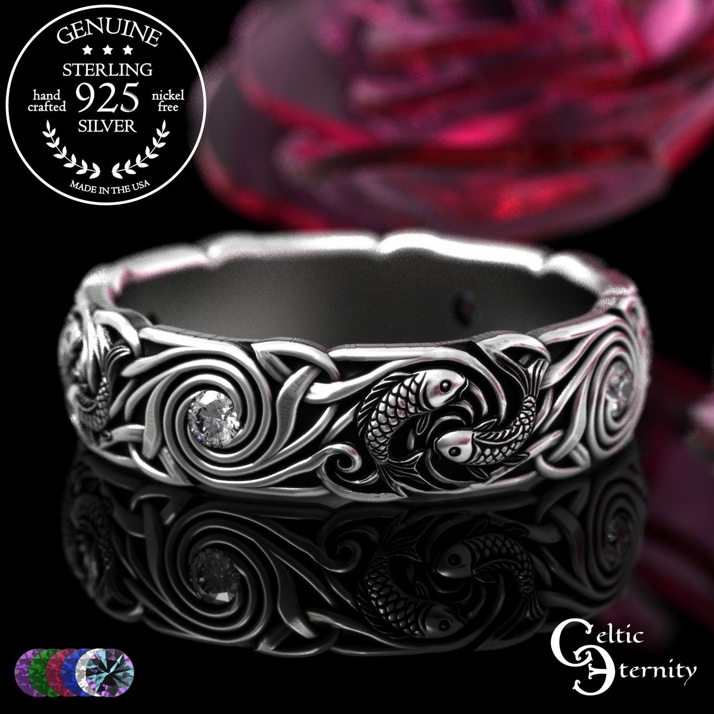 Women's Sterling Japanese Koi Fish Wedding Band with Sapphires, 2098