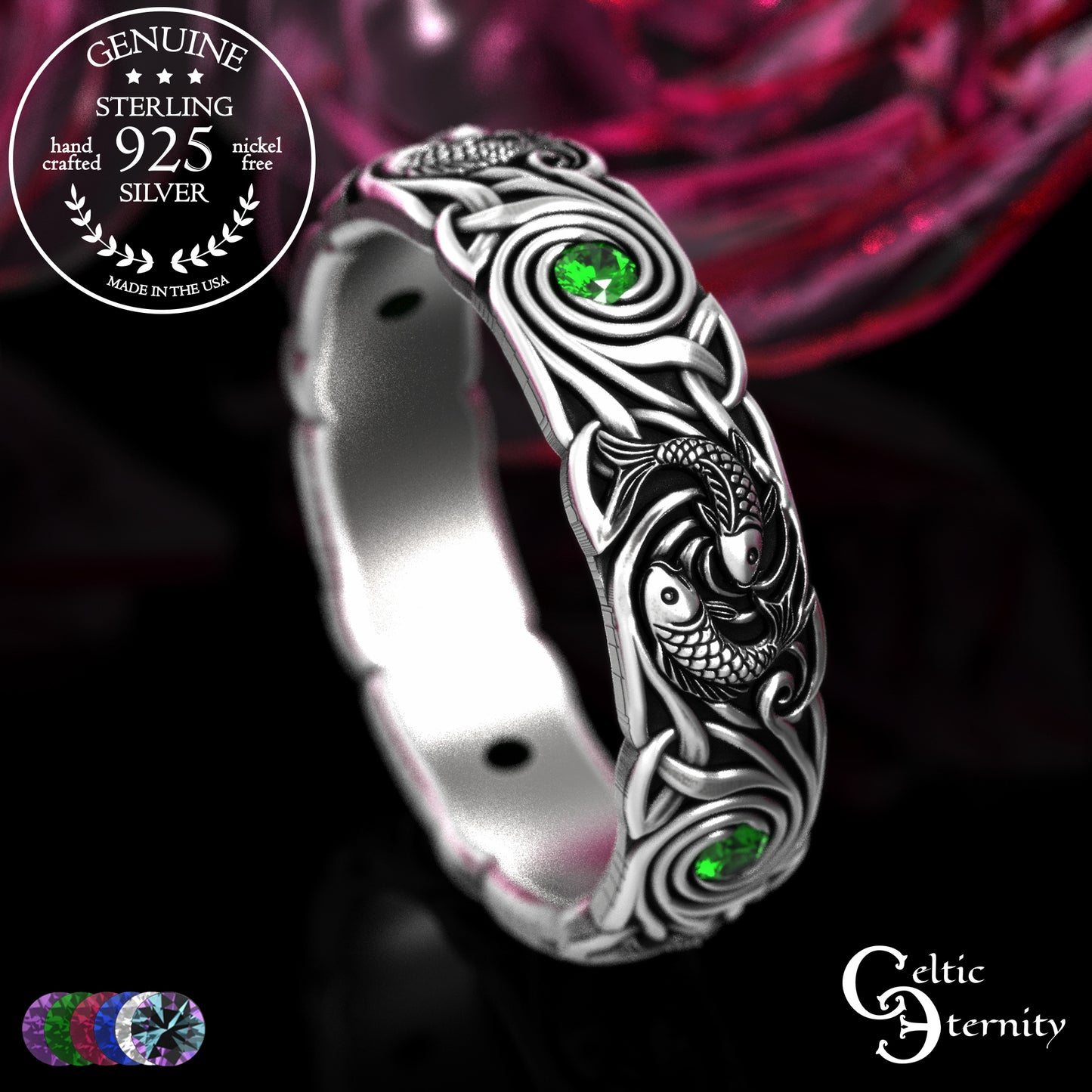 Women's Sterling Japanese Koi Fish Wedding Band with Sapphires, 2098