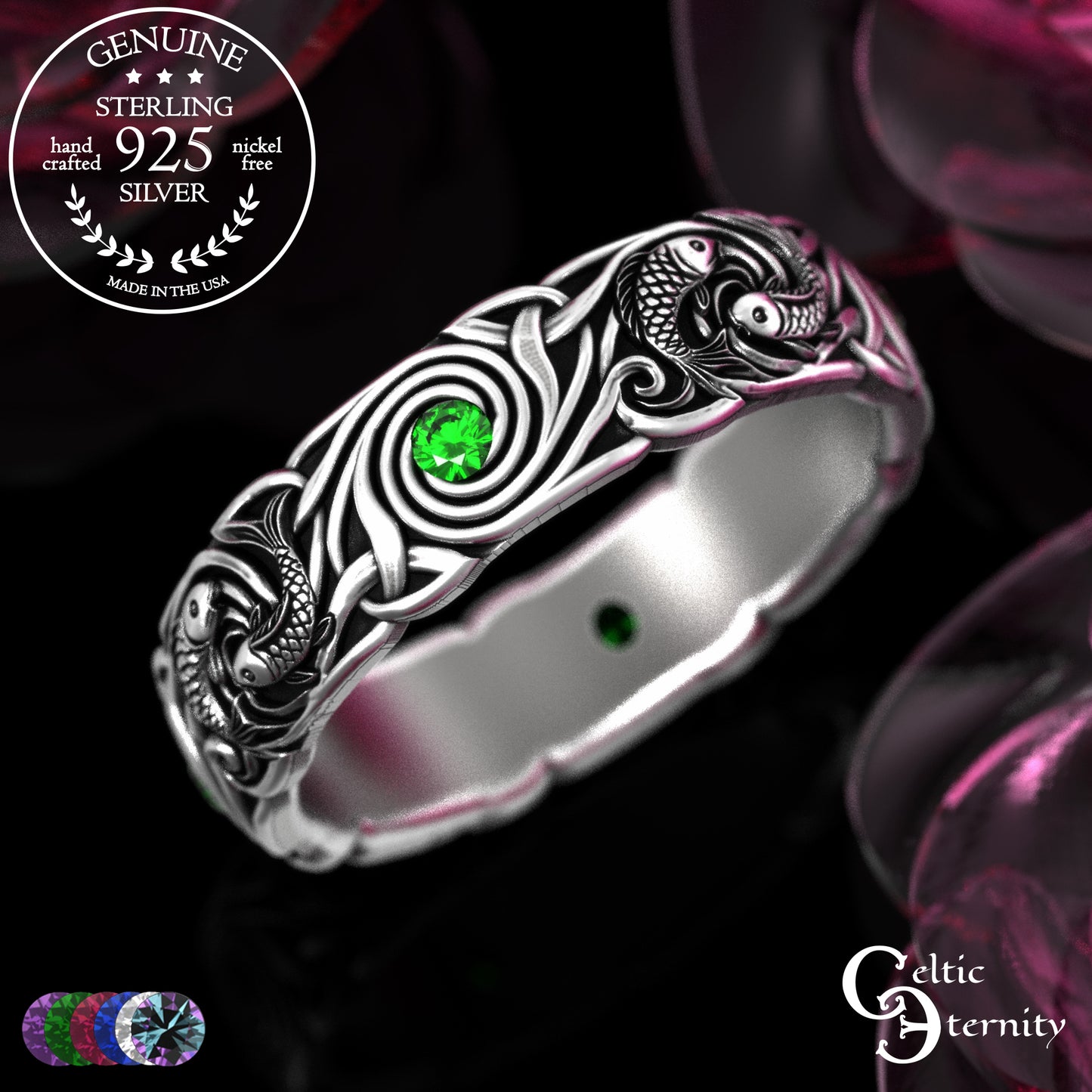 Women's Sterling Japanese Koi Fish Wedding Band with Sapphires, 2098