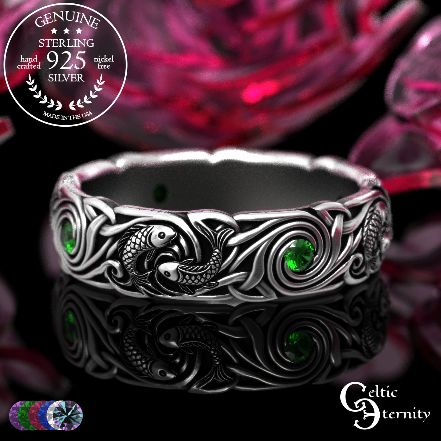 Women's Sterling Japanese Koi Fish Wedding Band with Sapphires, 2098