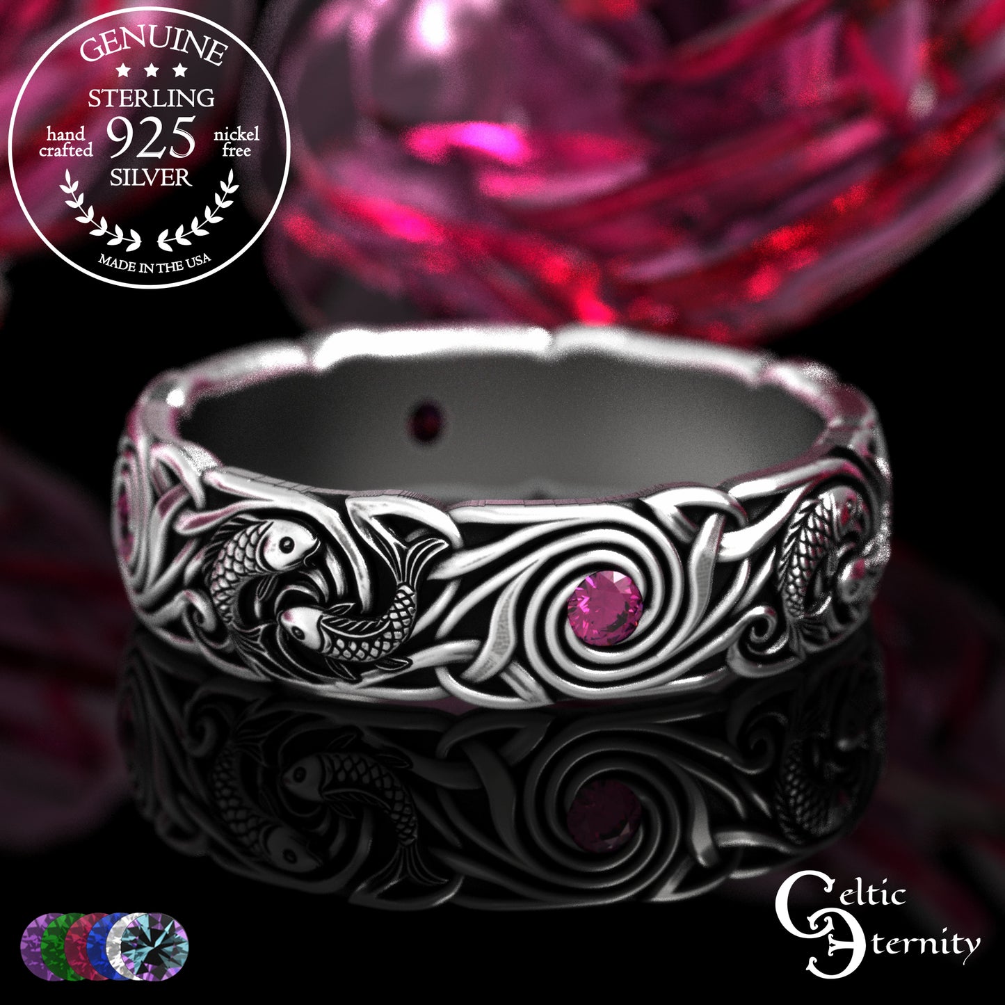 Women's Sterling Japanese Koi Fish Wedding Band with Sapphires, 2098